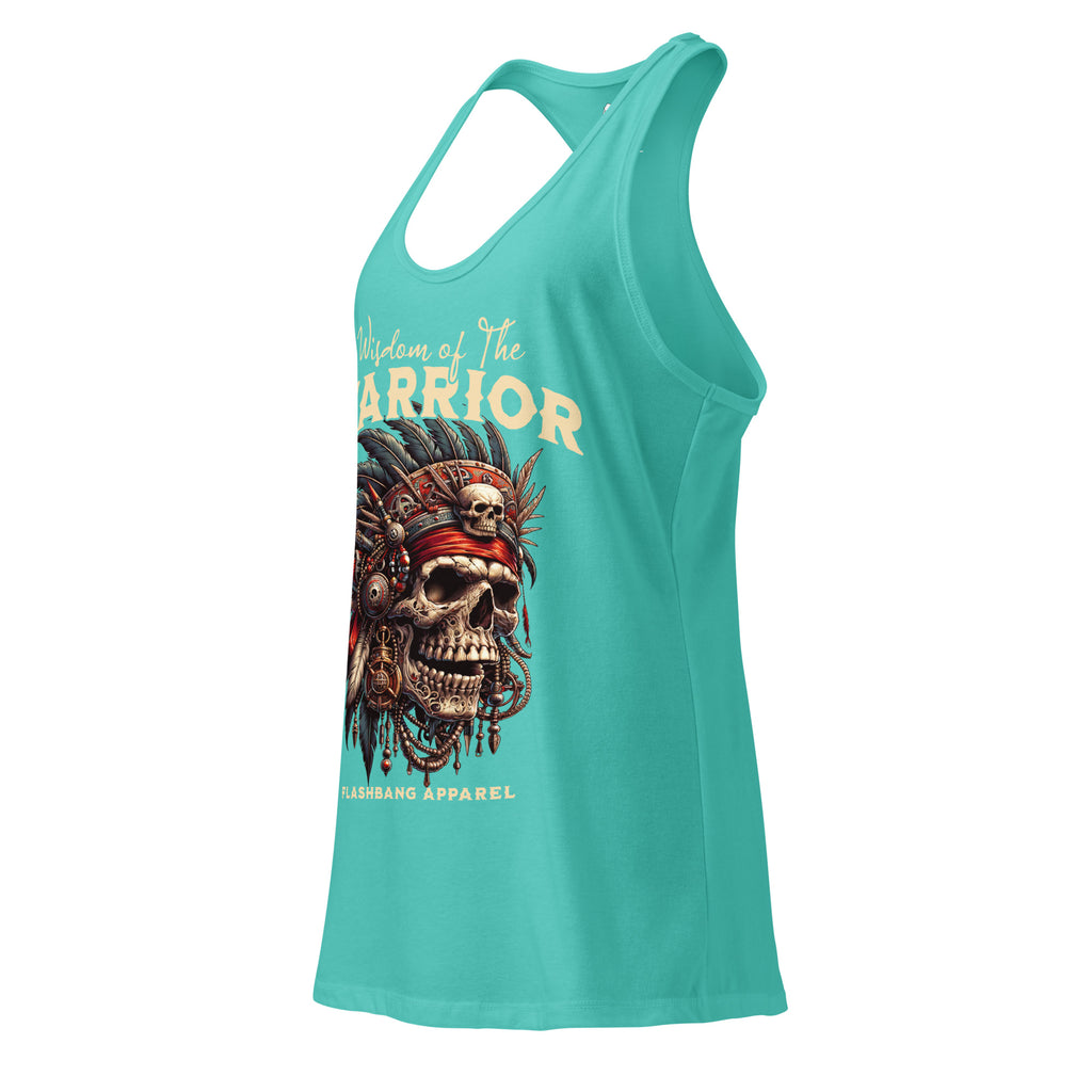Turquoise tank top with a skull and headdress design on a white background
