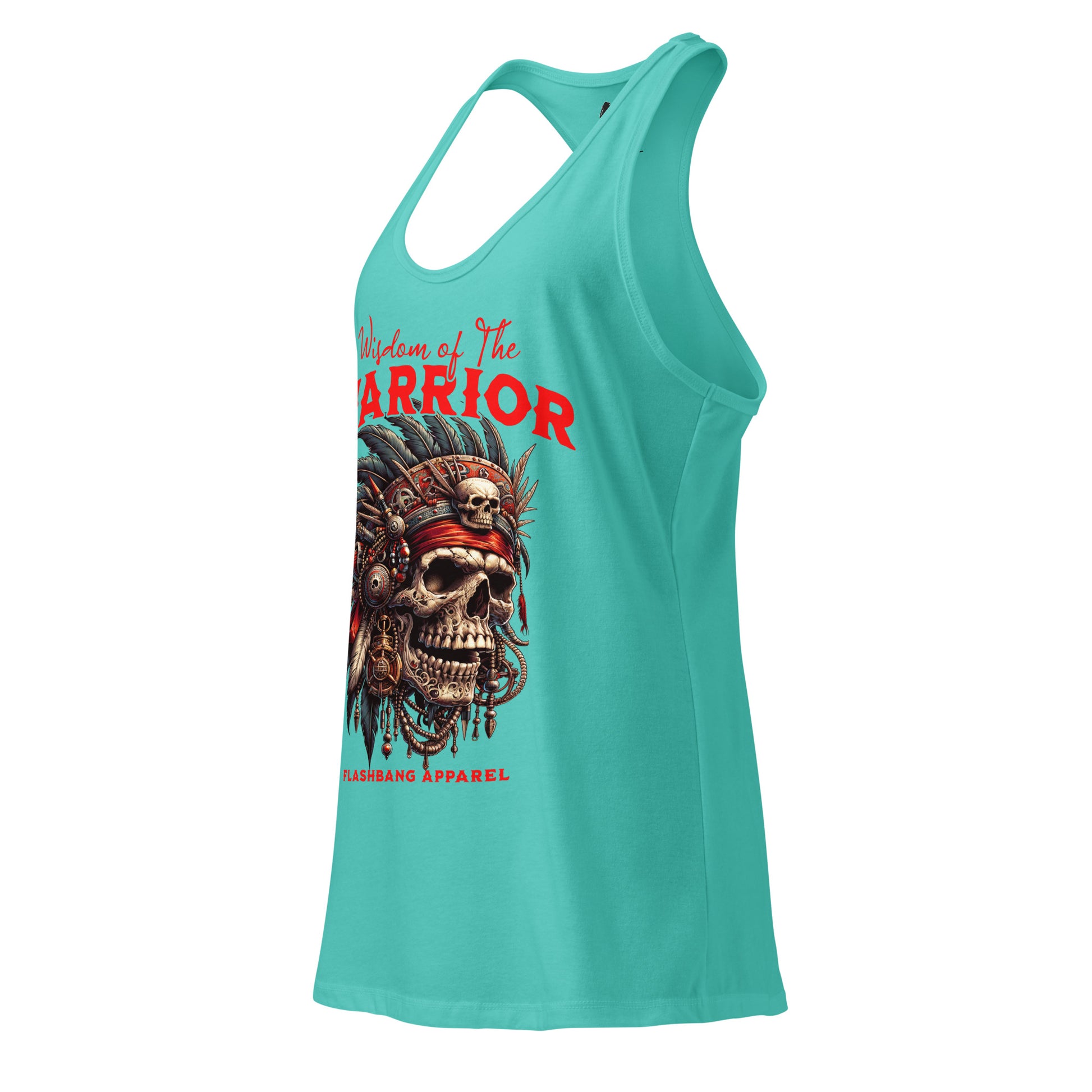 Turquoise tank top with warrior skull design and text on a white background