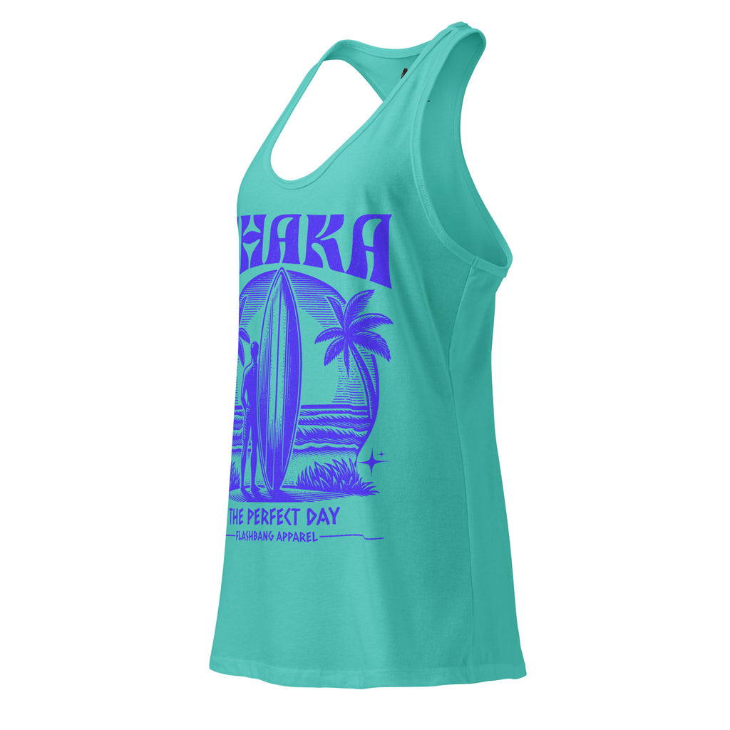 Turquoise tank top with purple graphic design on a white background