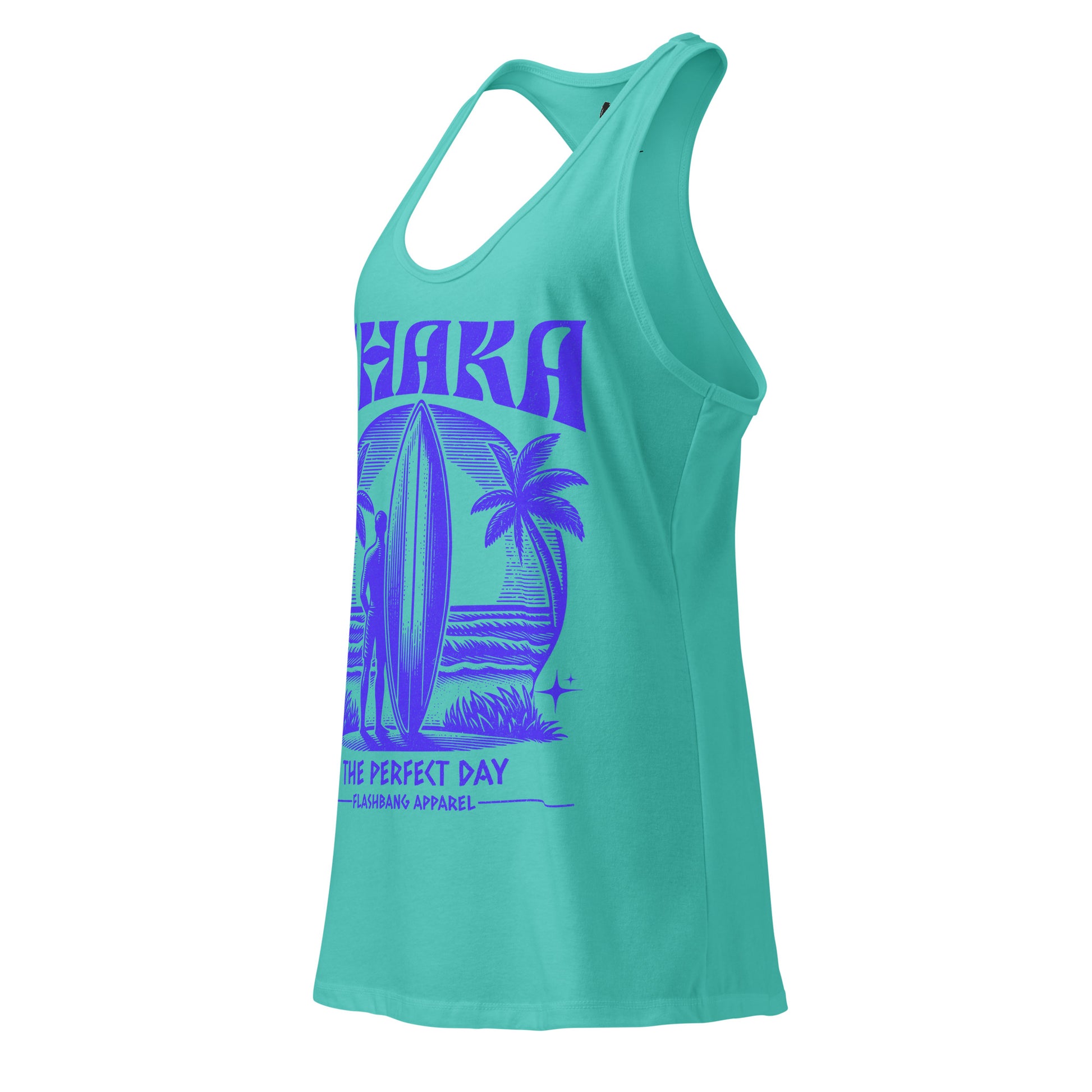 Turquoise tank top with purple graphic design on a white background