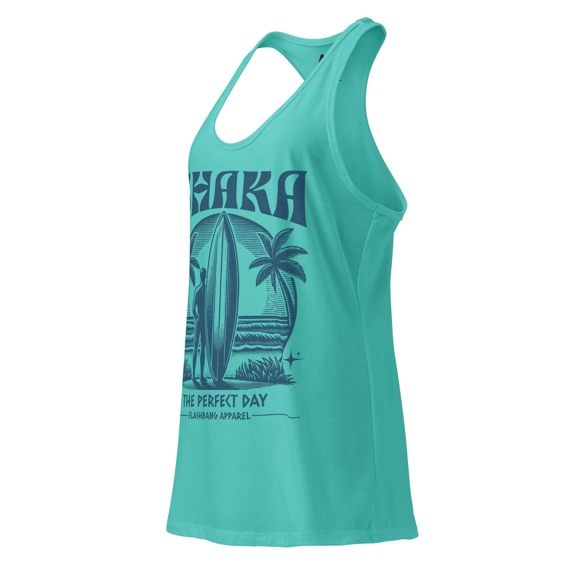 Turquoise tank top with palm tree and surfboard design on a white background