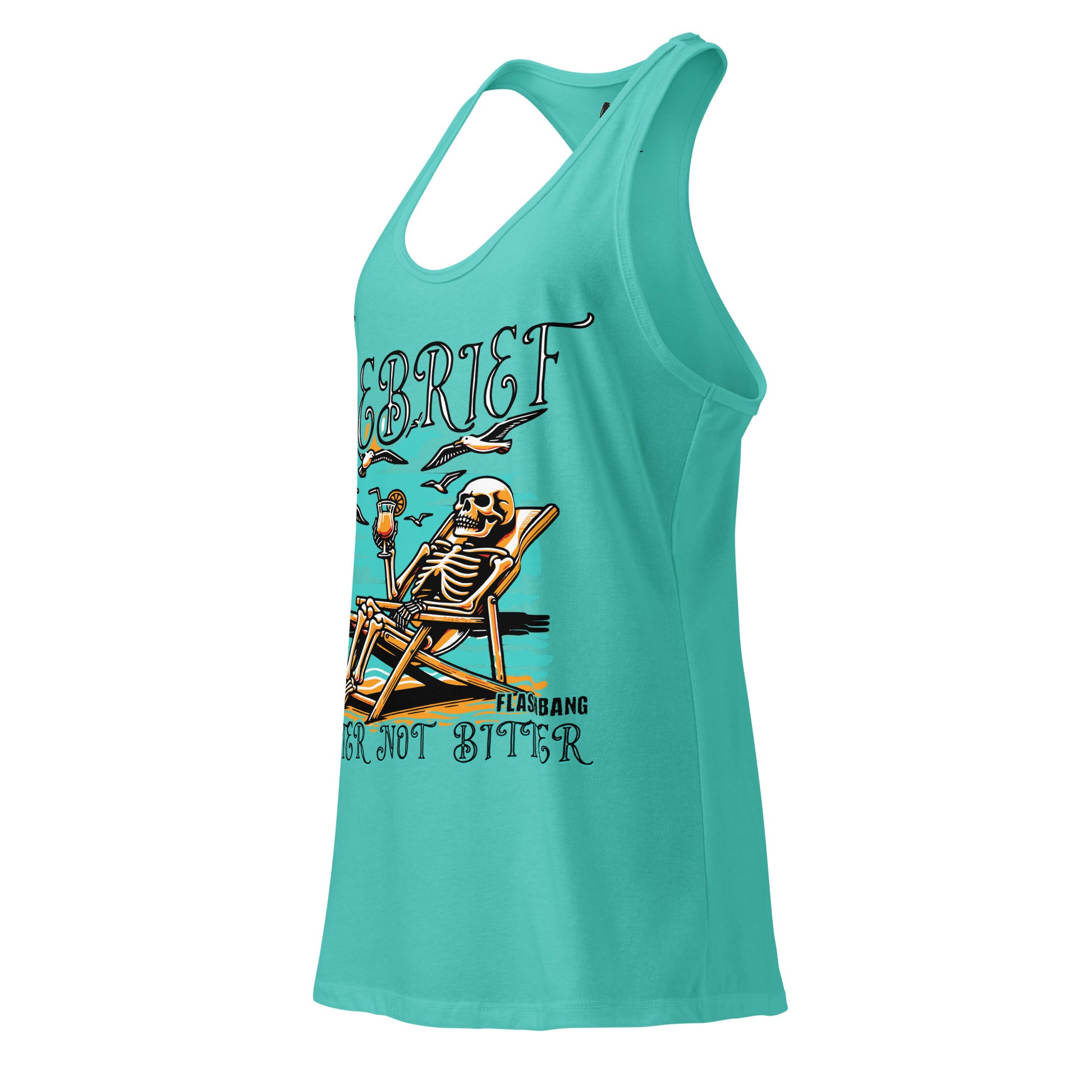 Turquoise tank top with skeleton design on a white background