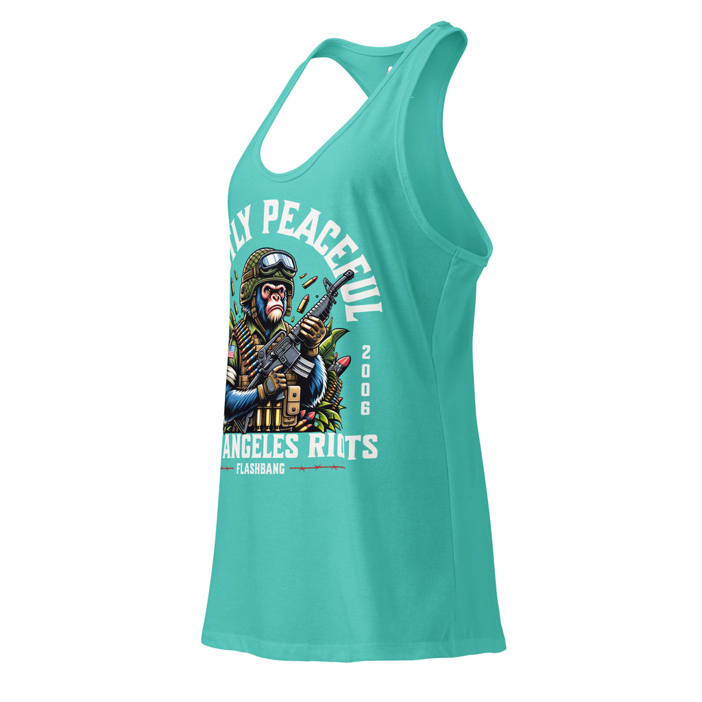 Turquoise tank top with graphic design and text on a white background