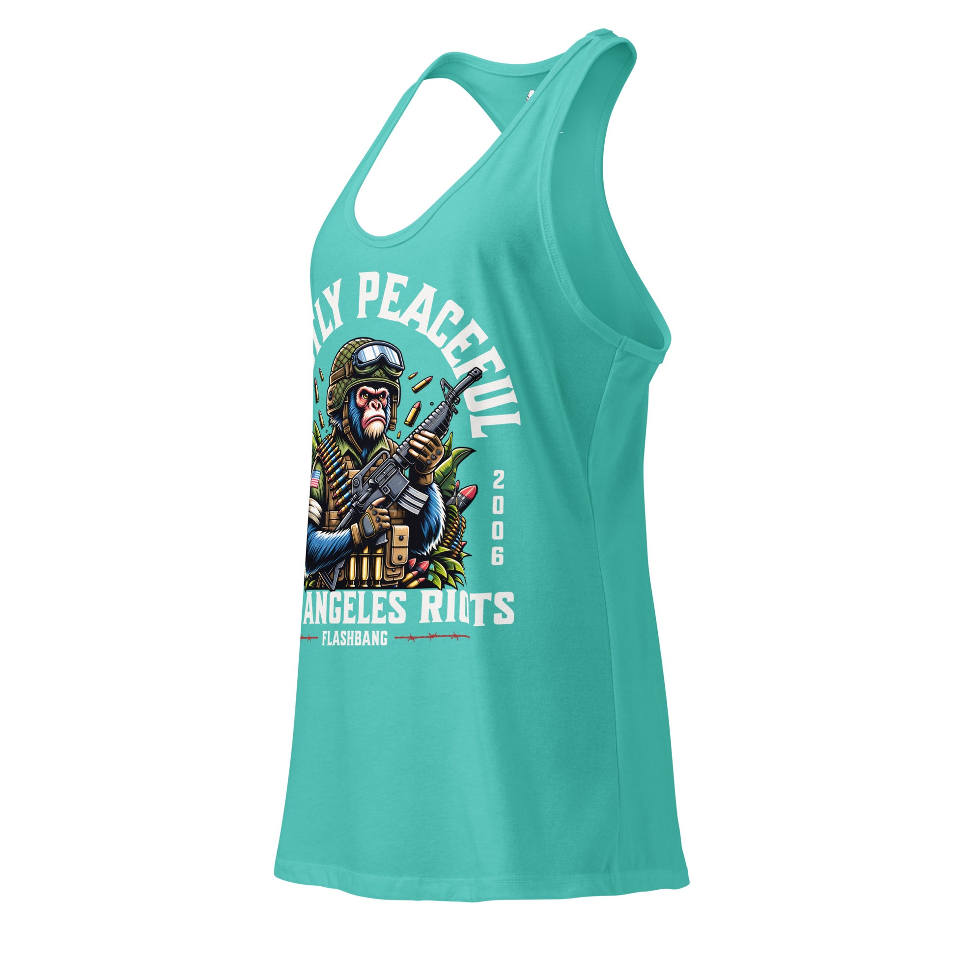 Turquoise tank top with graphic design and text on a white background