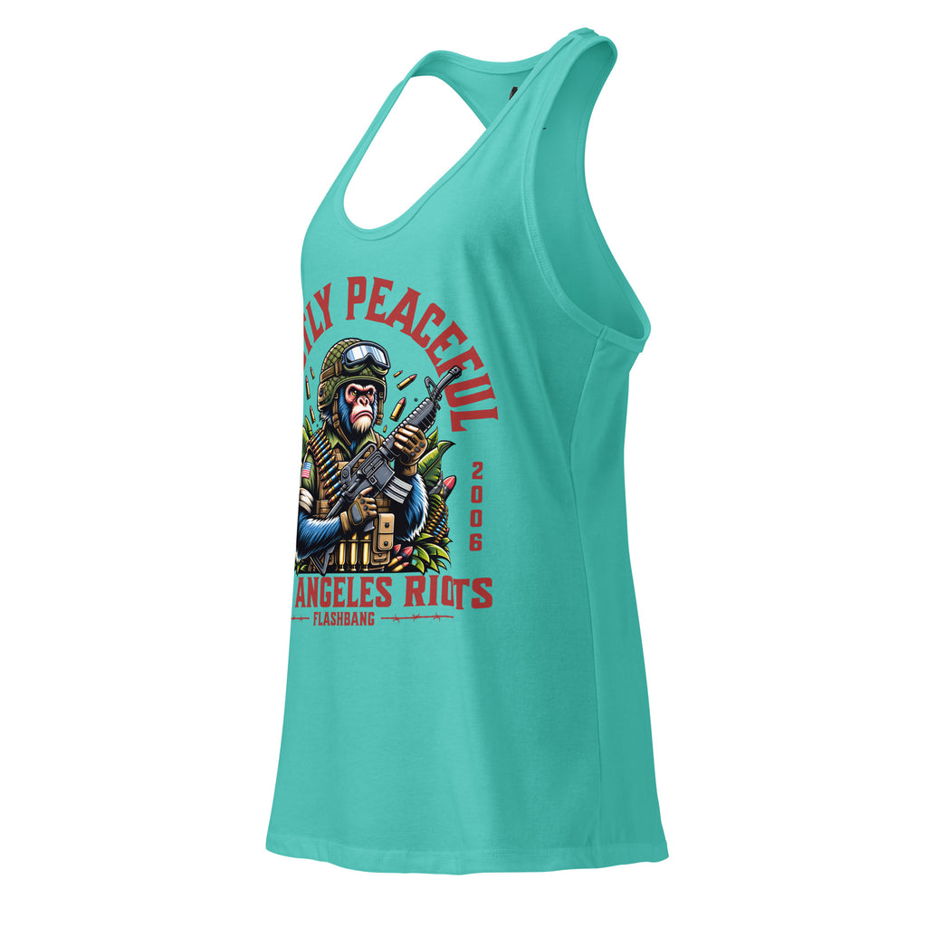 Turquoise tank top with graphic design and text on a white background