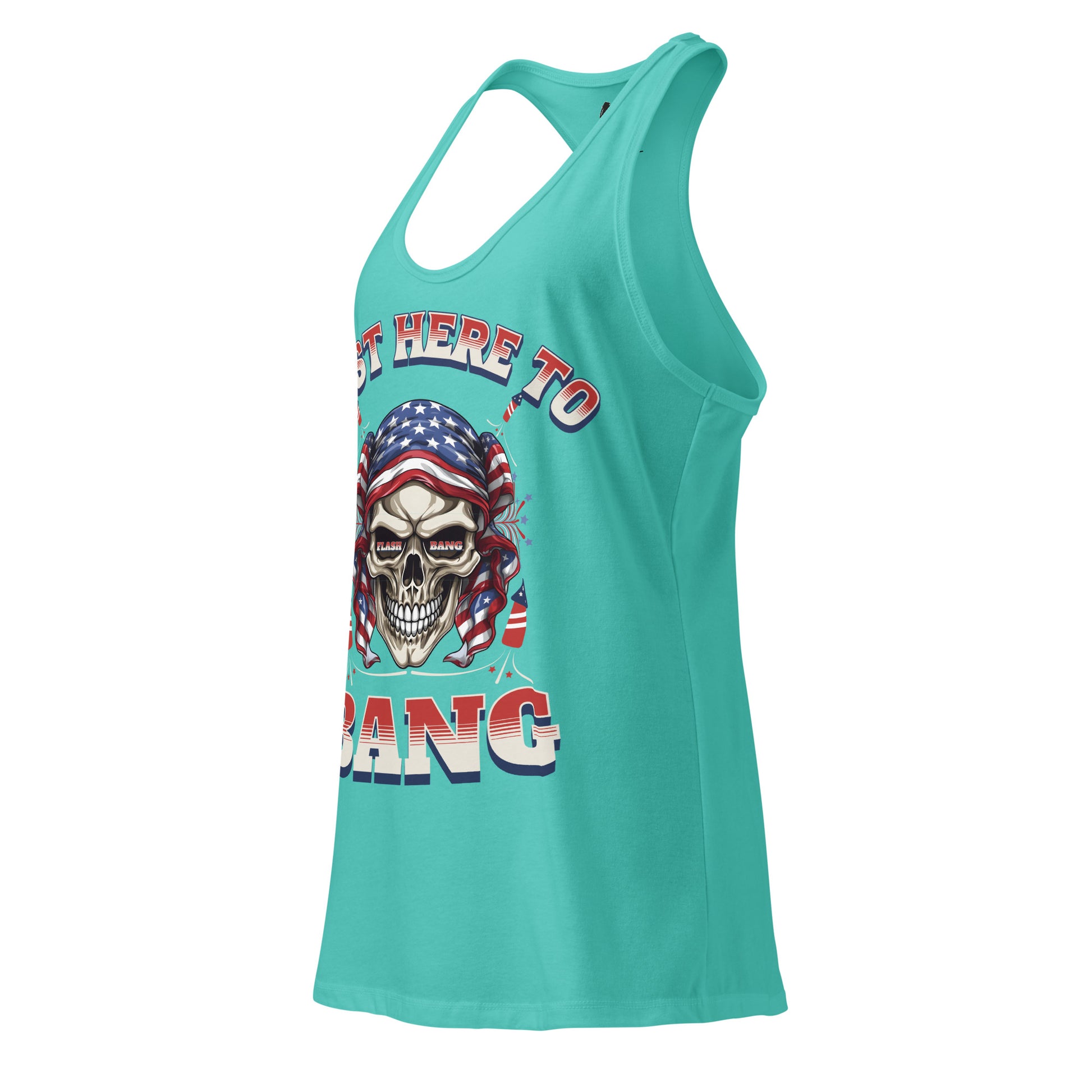 Turquoise tank top with a skull and American flag design on a white background