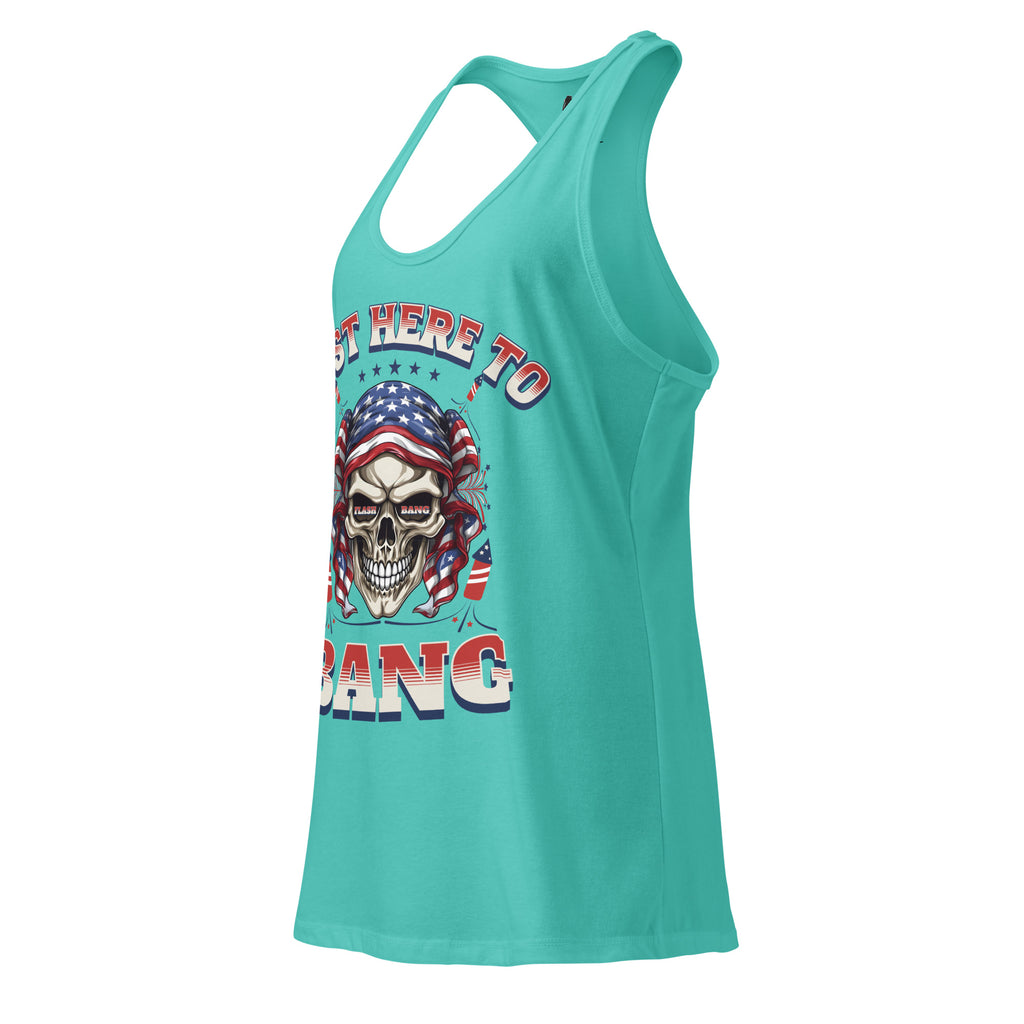 Turquoise tank top with a graphic design featuring a skull and text on a white background
