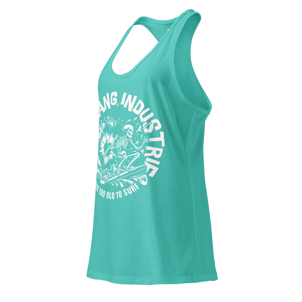 Turquoise tank top with white graphic and text on a white background