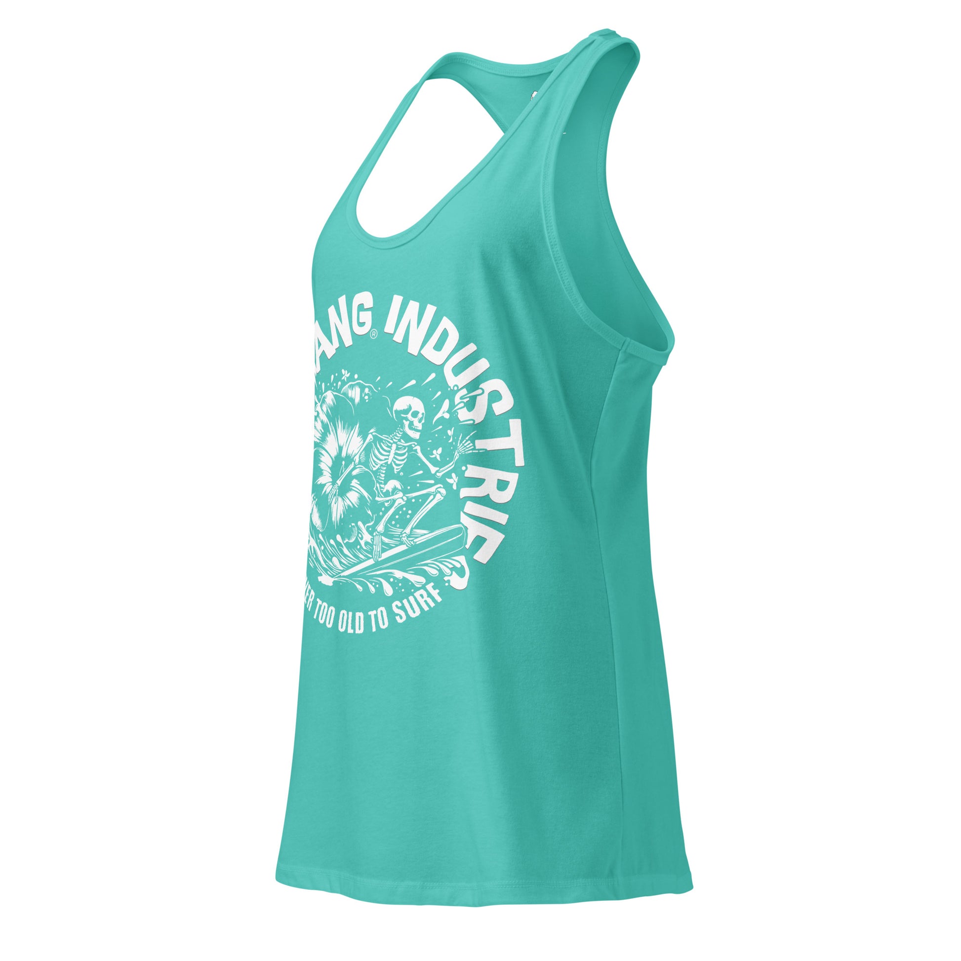 Turquoise tank top with white graphic and text on a white background