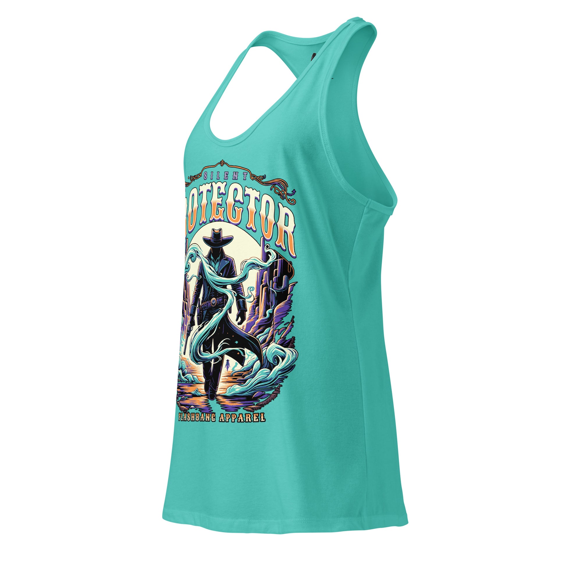 Turquoise tank top with a colorful graphic design on a white background
