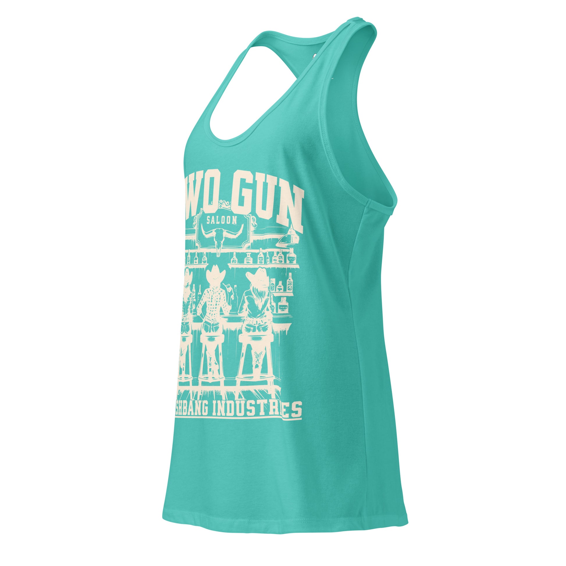 Turquoise tank top with white graphic design on a white background