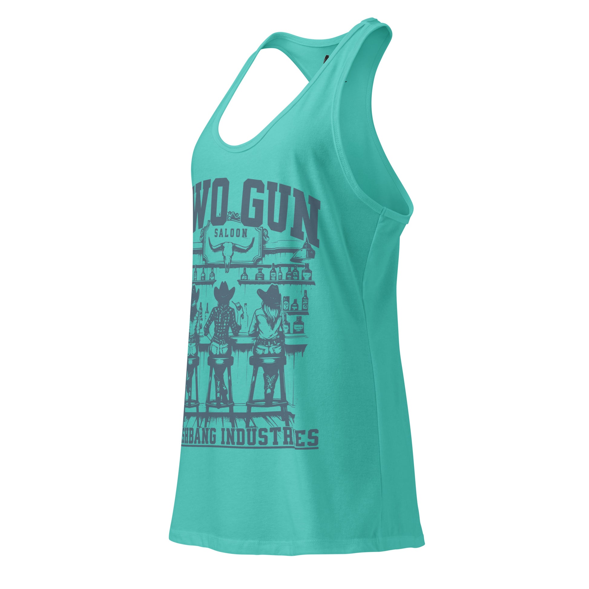 Turquoise tank top with graphic design on a white background