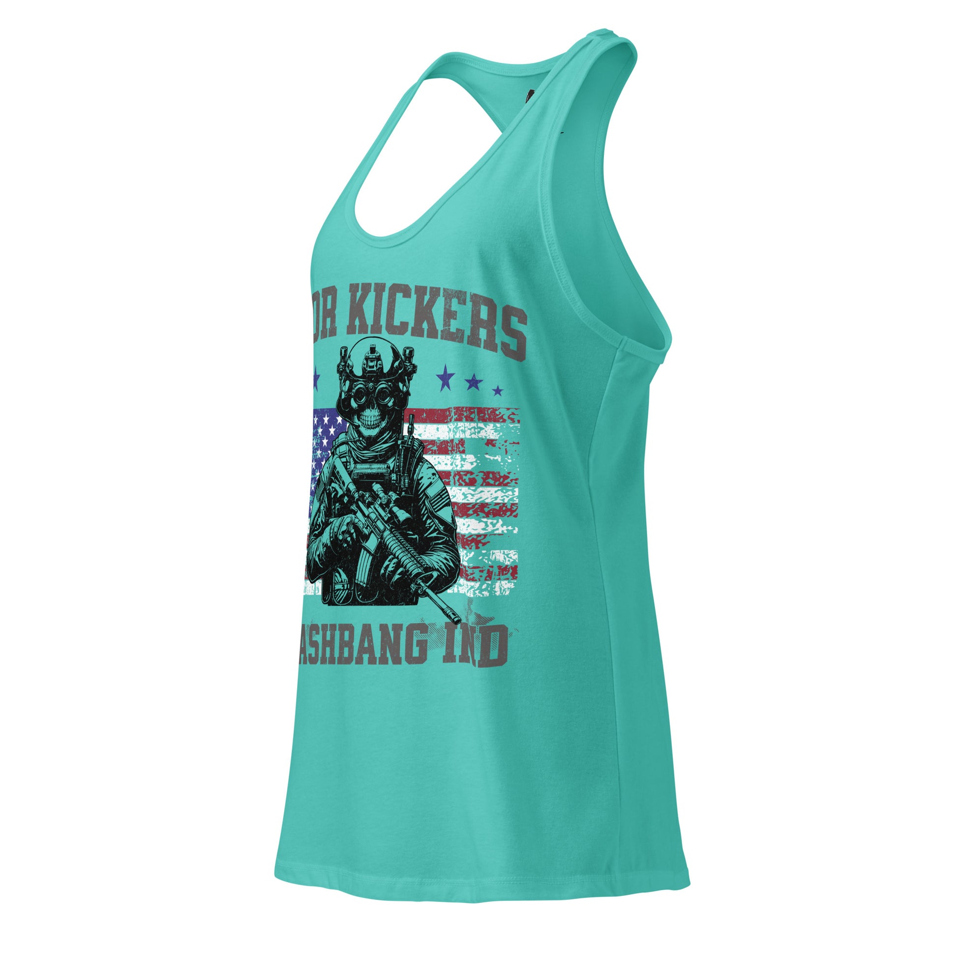Turquoise tank top with graphic design and text on a white background
