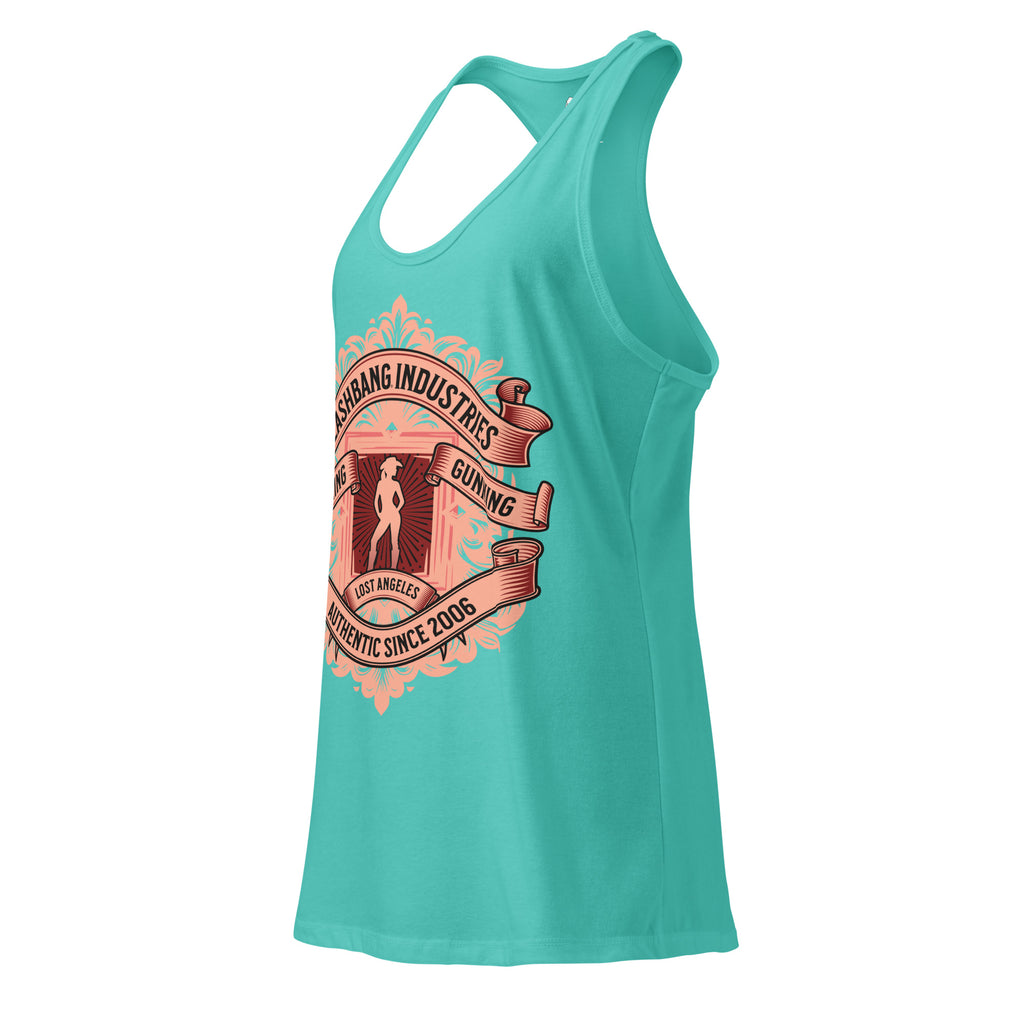 Turquoise tank top with a graphic design on a white background