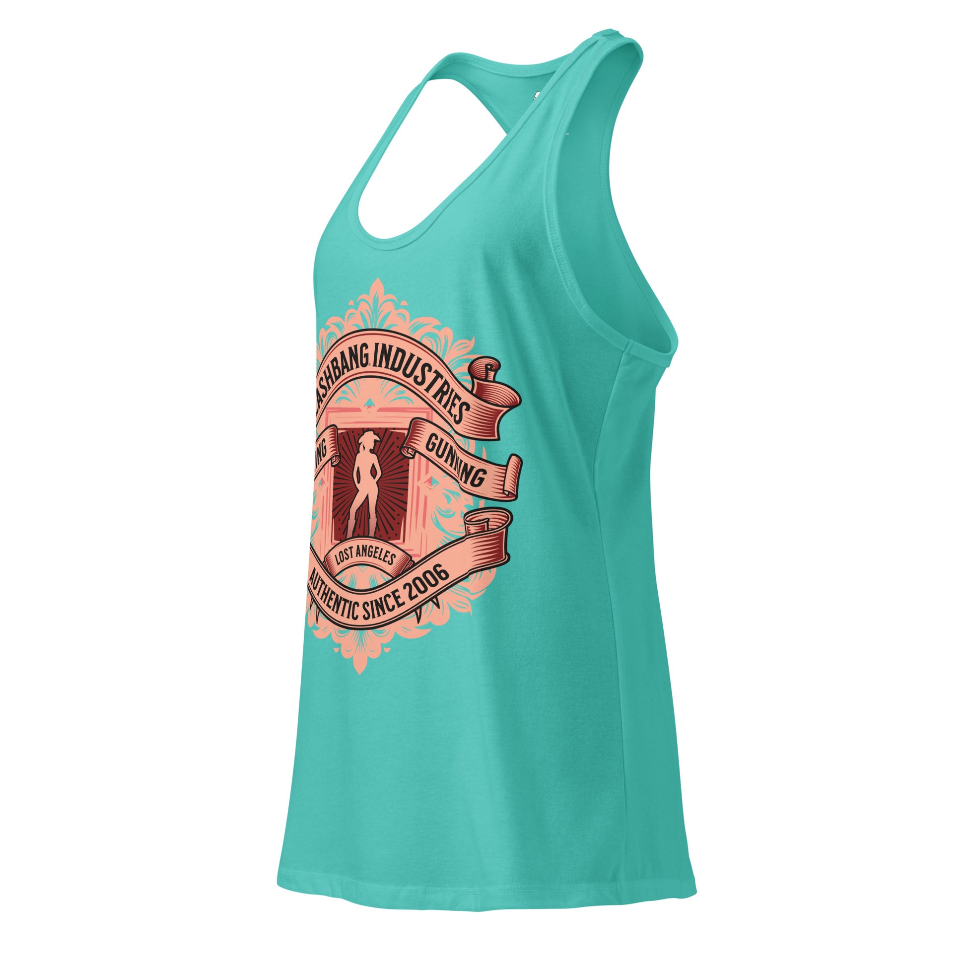 Turquoise tank top with a graphic design on a white background