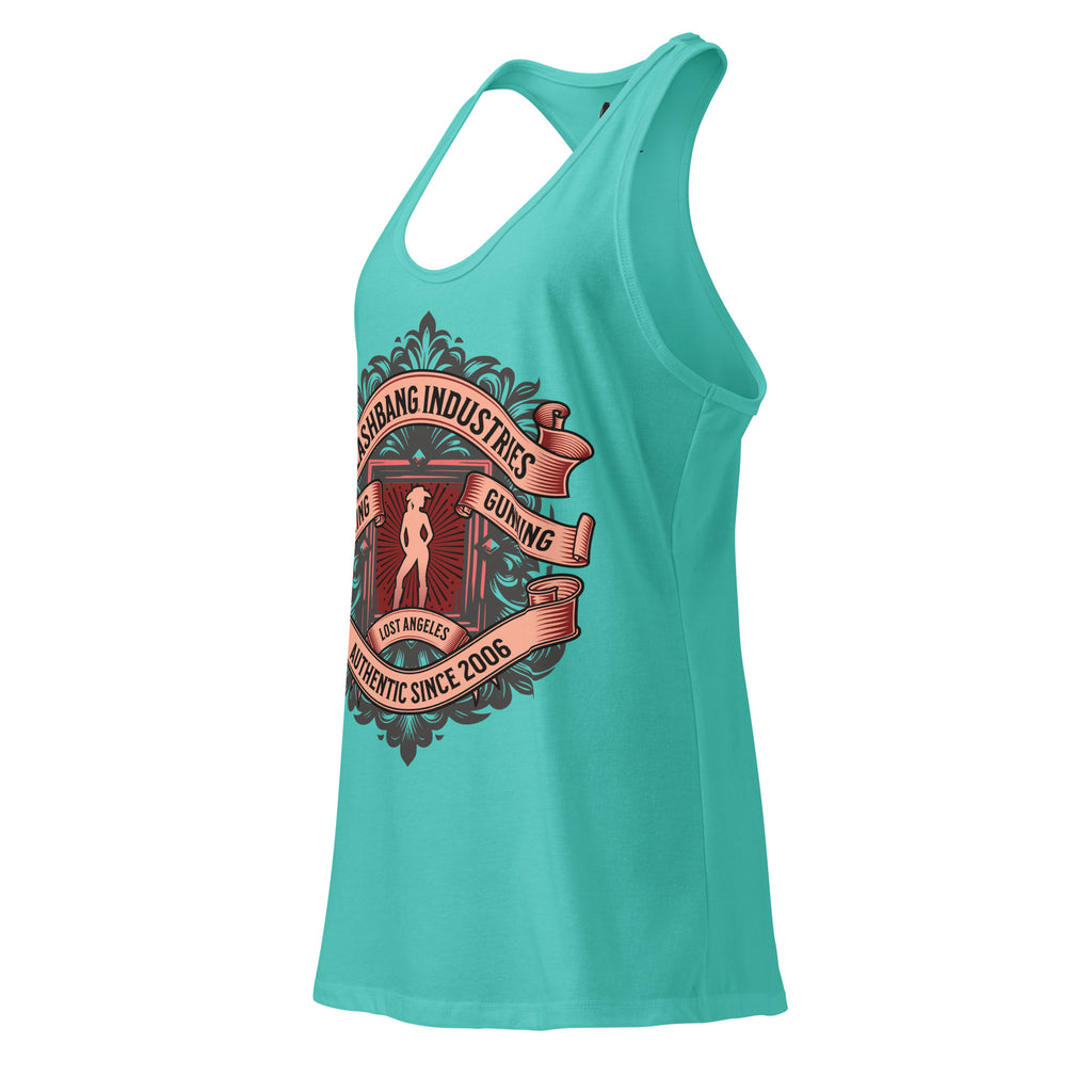 Turquoise tank top with graphic design on a white background