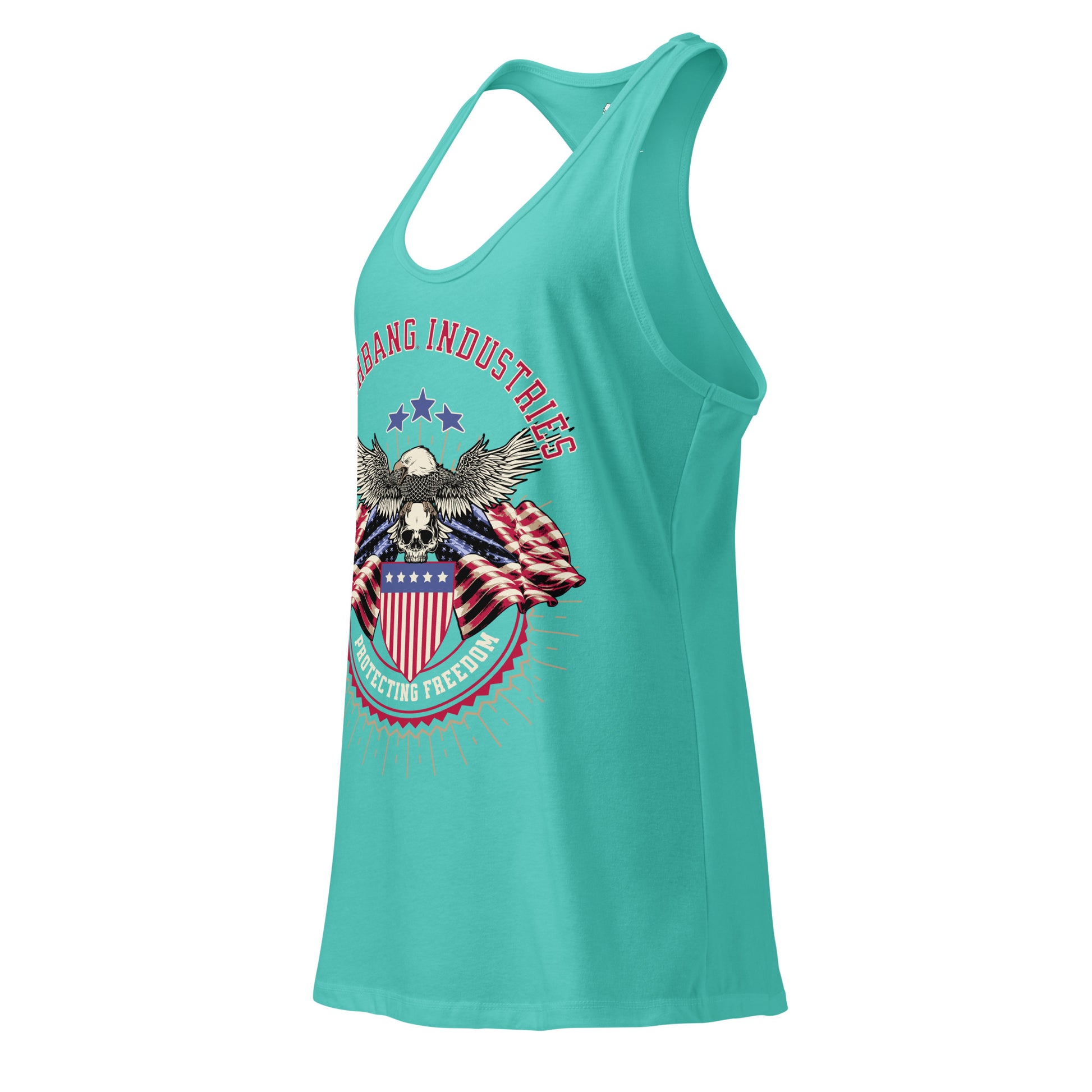 Turquoise tank top with graphic design on a white background