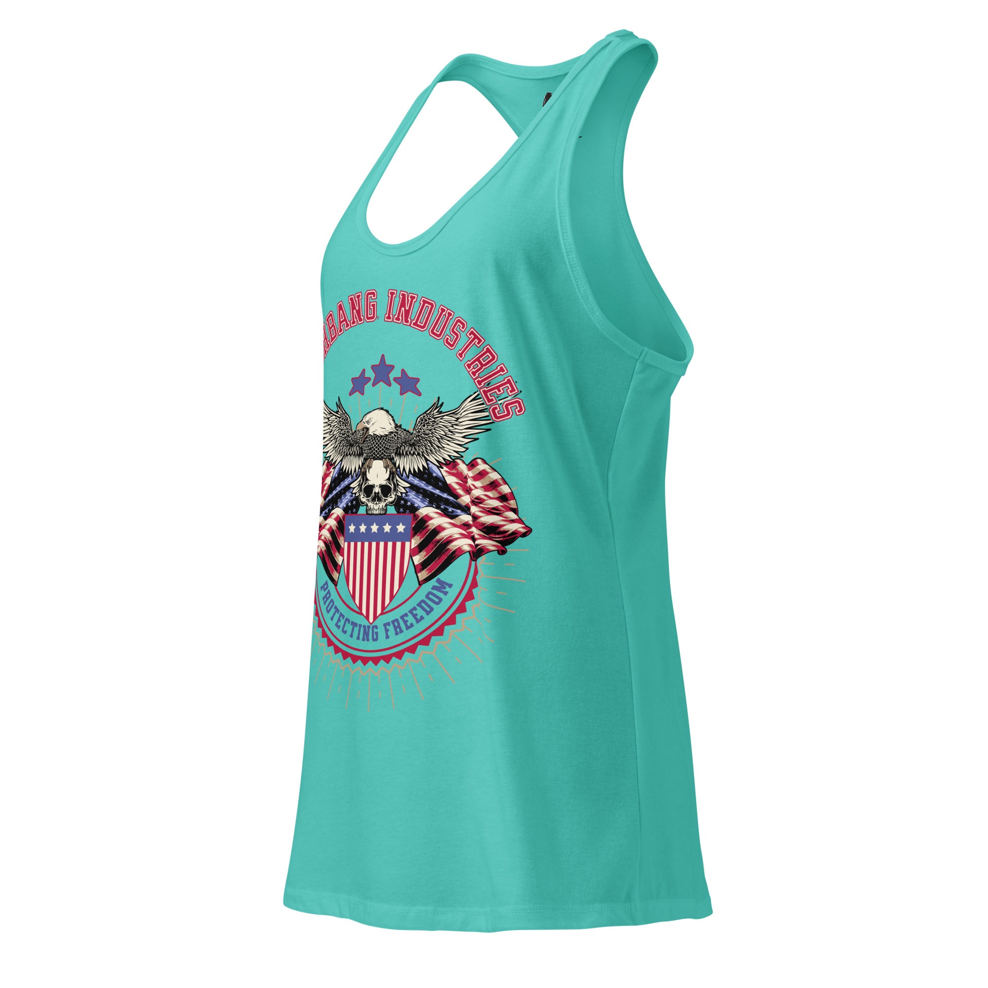 Turquoise tank top with eagle and flag graphic on a white background