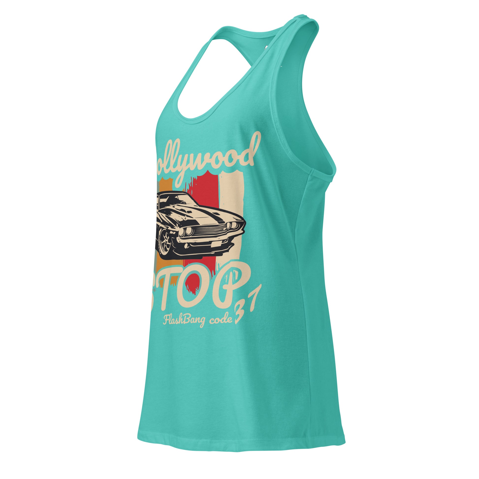Turquoise tank top with vintage car graphic and text on a white background