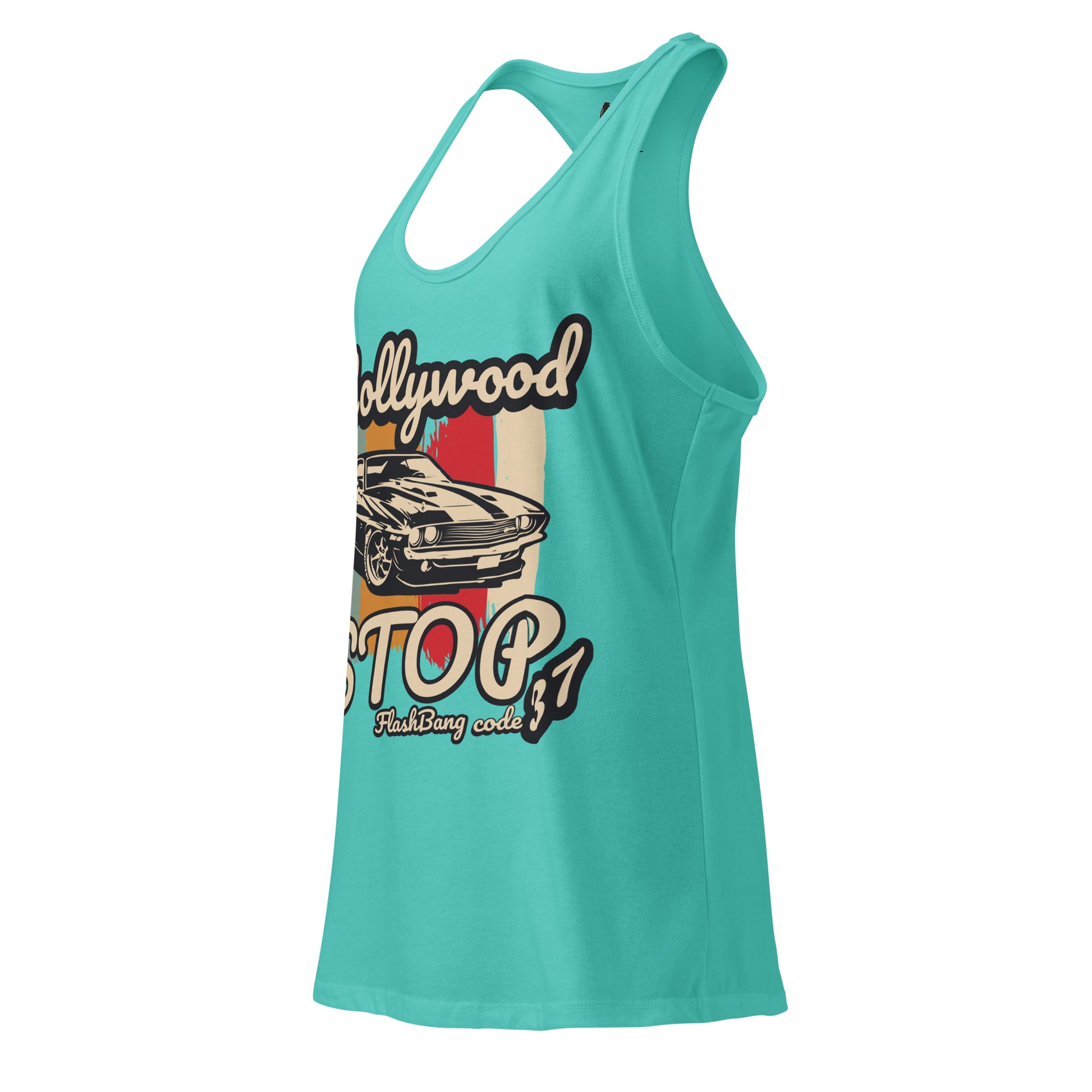 Turquoise tank top with graphic design on a white background