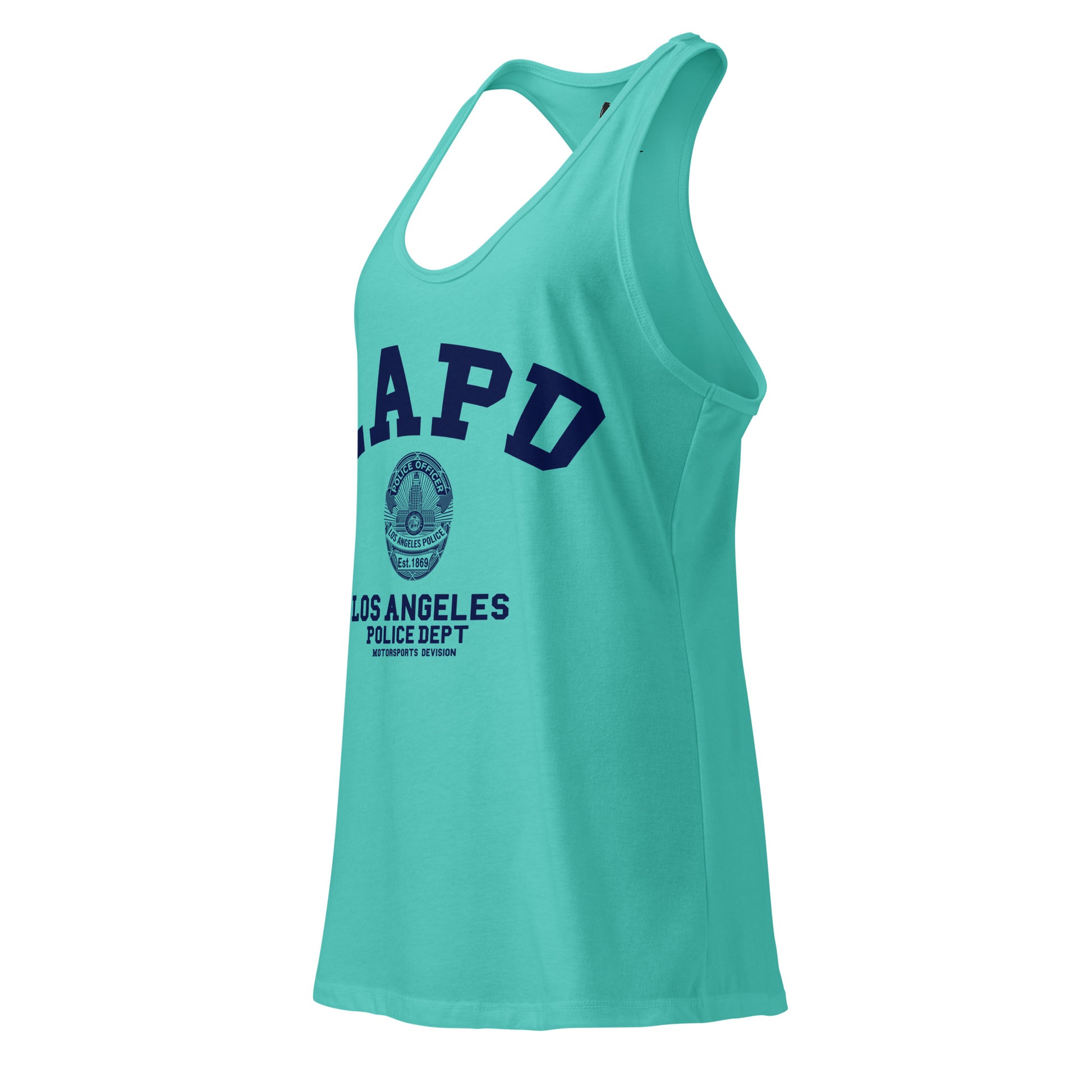 Turquoise tank top with LAPD Los Angeles Police Department text on a white background