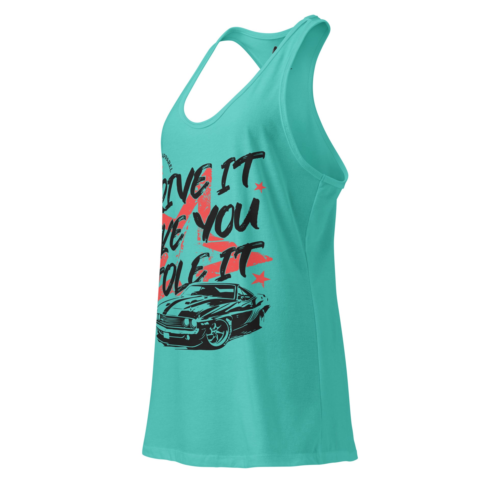 Turquoise tank top with graphic design and text on a white background