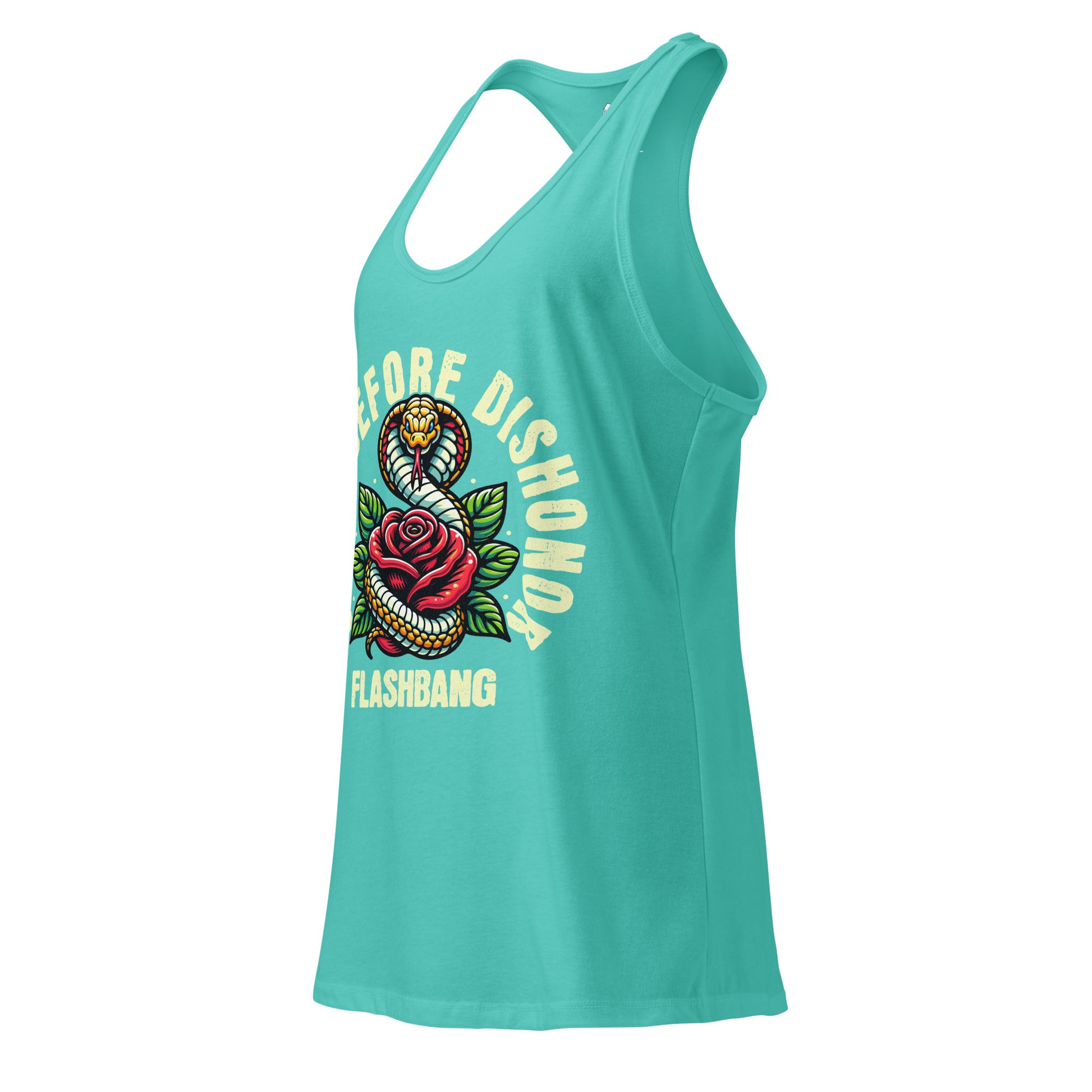 Turquoise tank top with snake and rose design on a white background