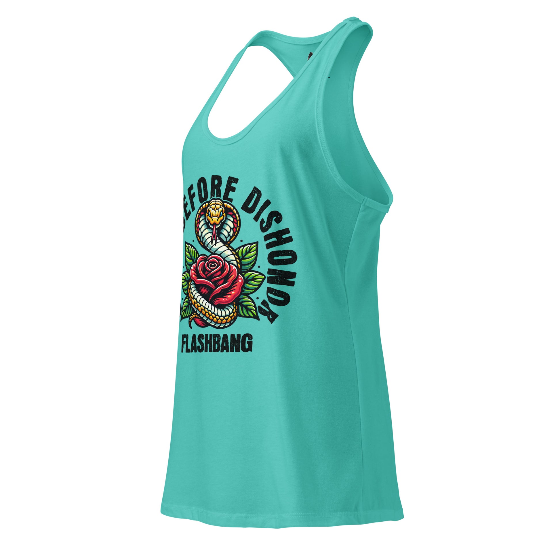 Turquoise tank top with graphic design and text on a white background