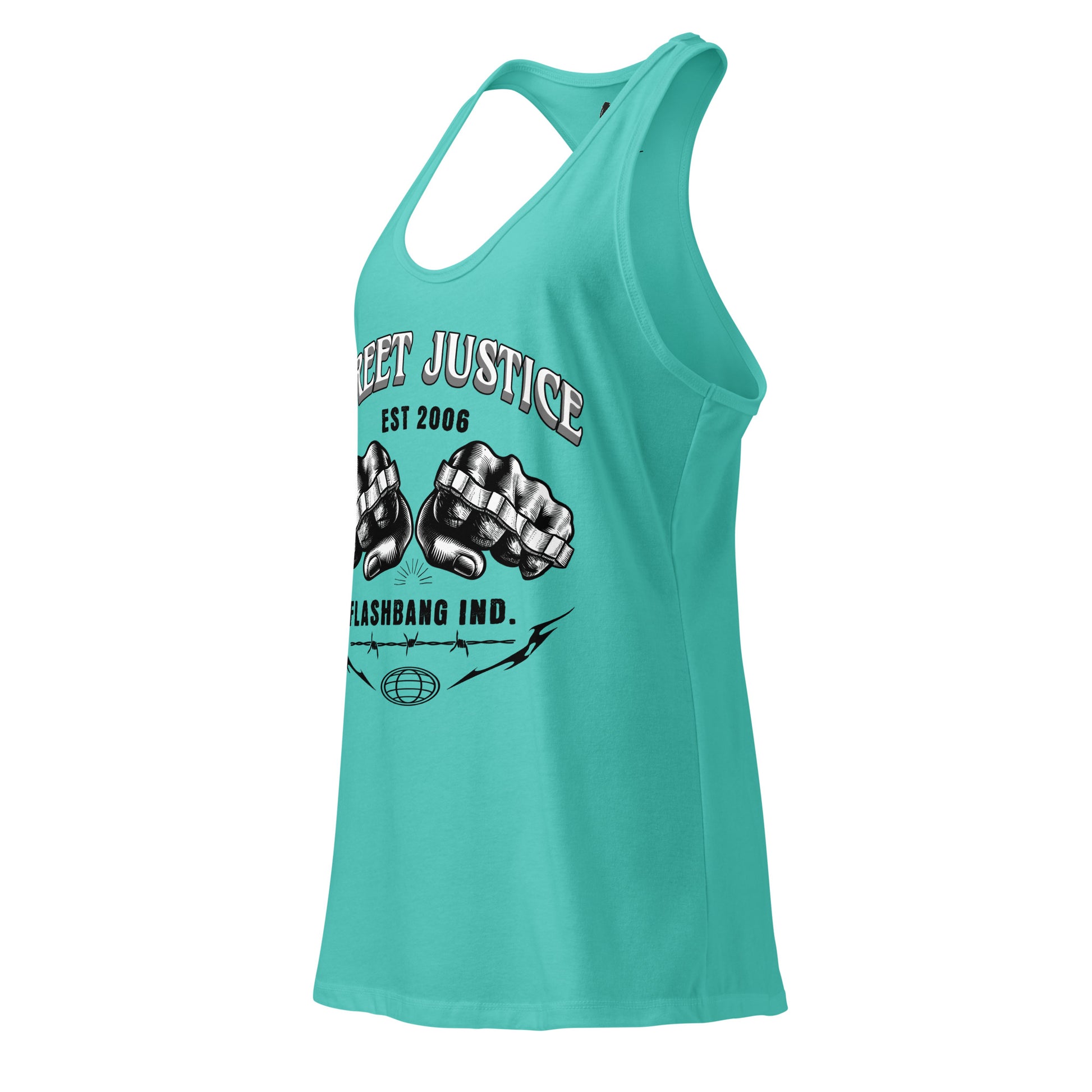 Turquoise tank top with graphic design and text on a white background