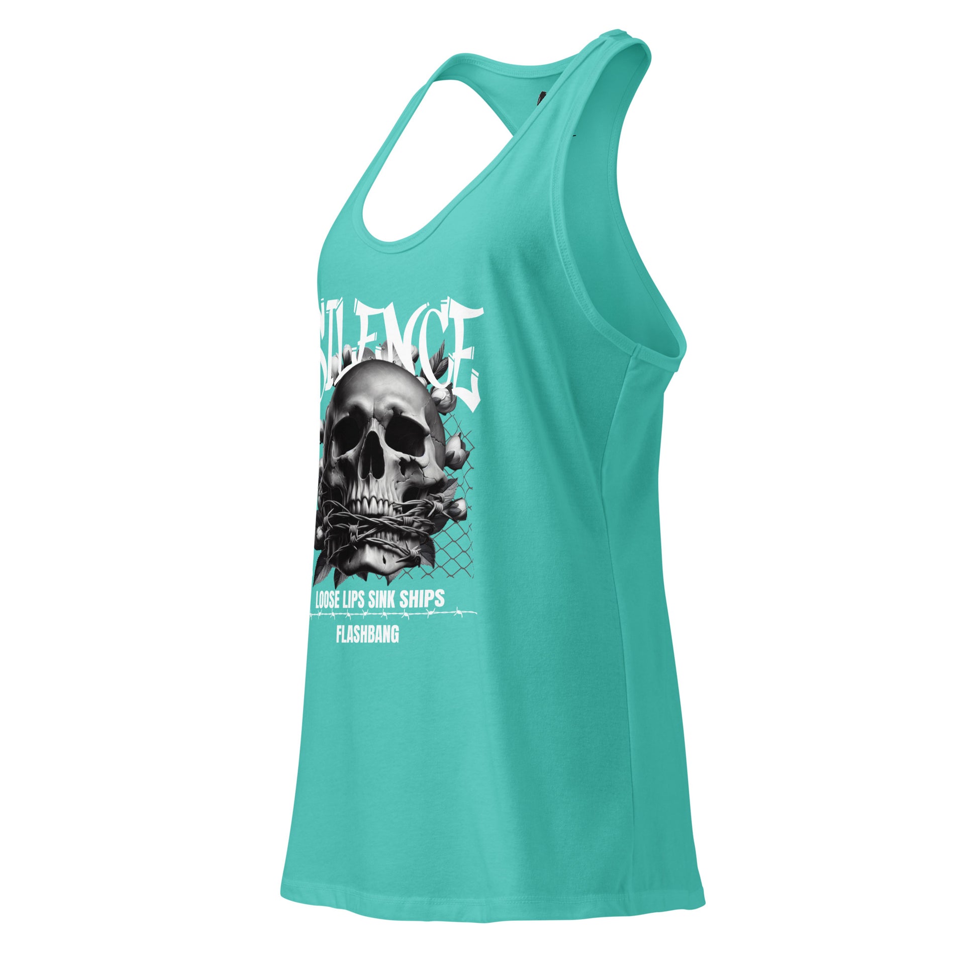 Turquoise tank top with a graphic design on a white background