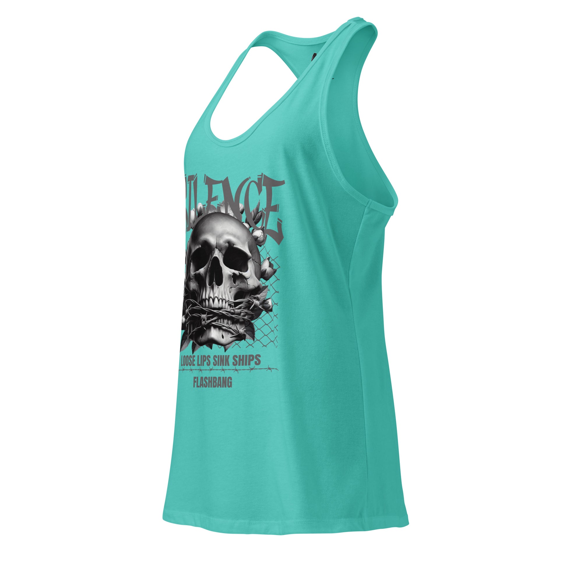 Turquoise tank top with a graphic design of a skull and text on a white background