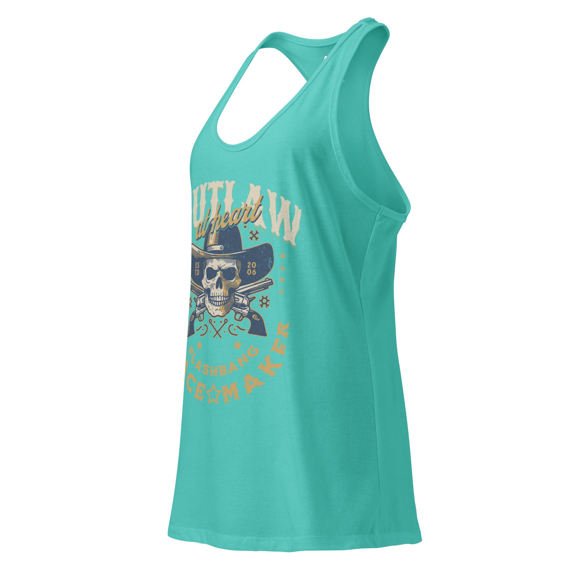 Teal tank top with skull and crossbones design on a white background