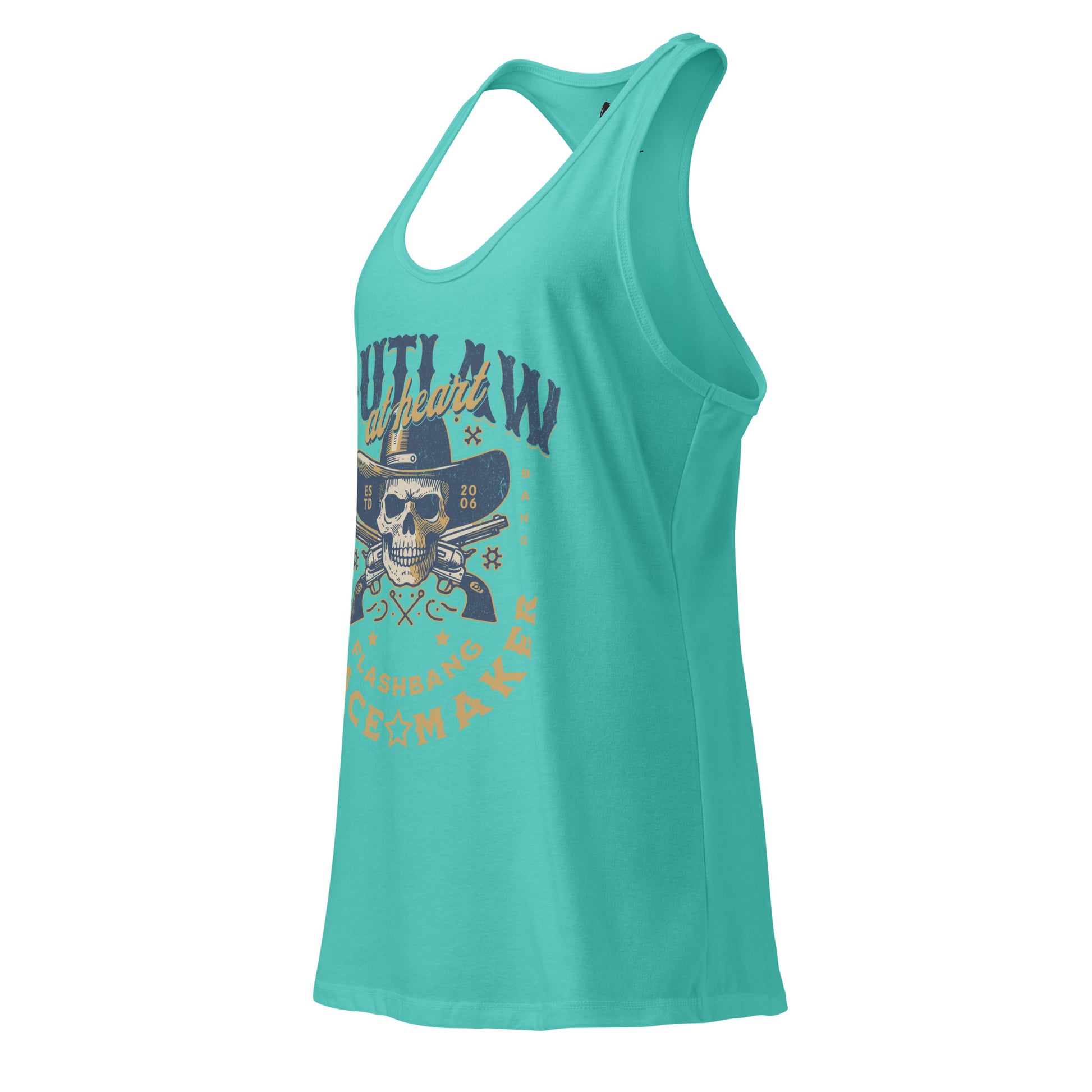 Teal tank top with graphic design on a white background