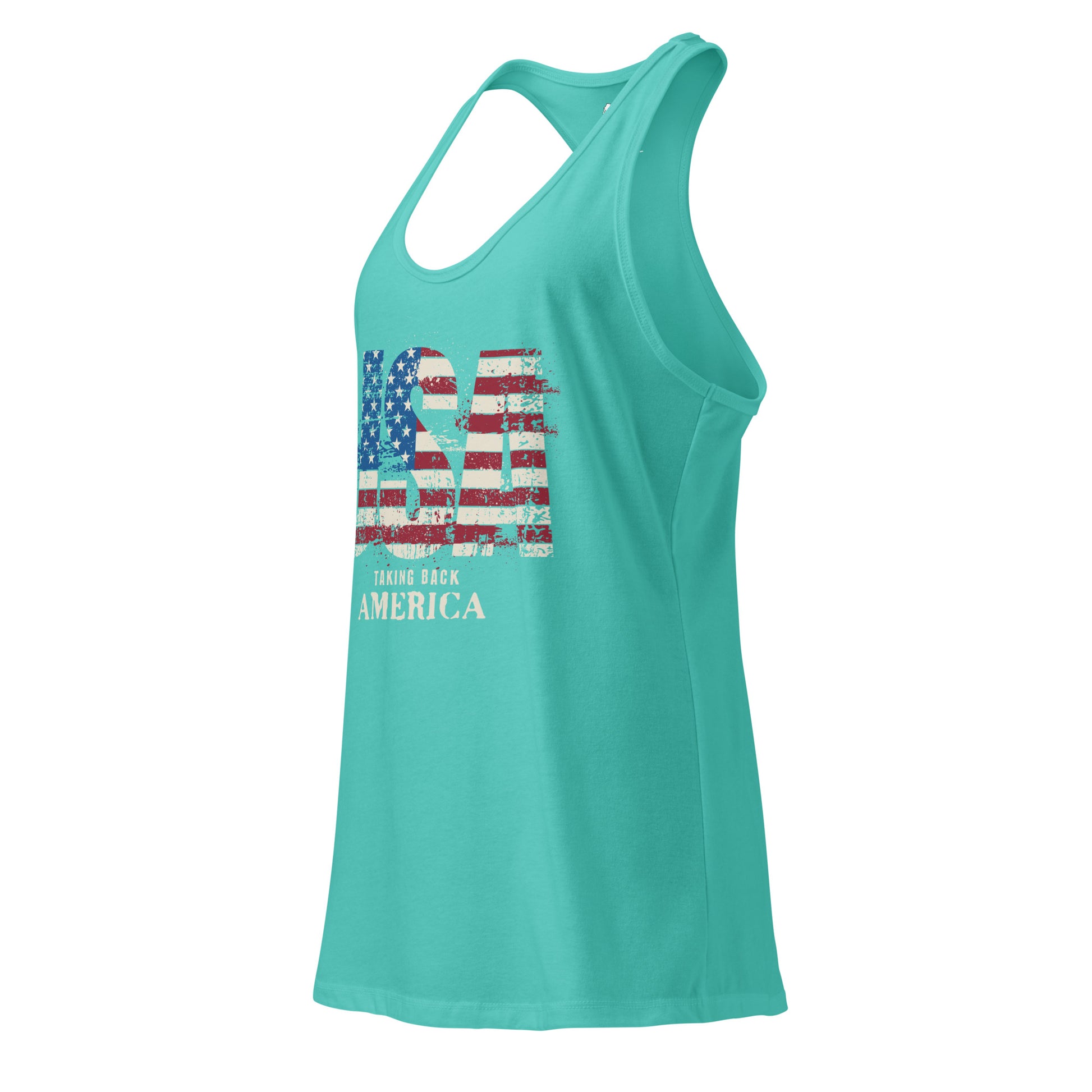 Turquoise tank top with American flag design on a white background