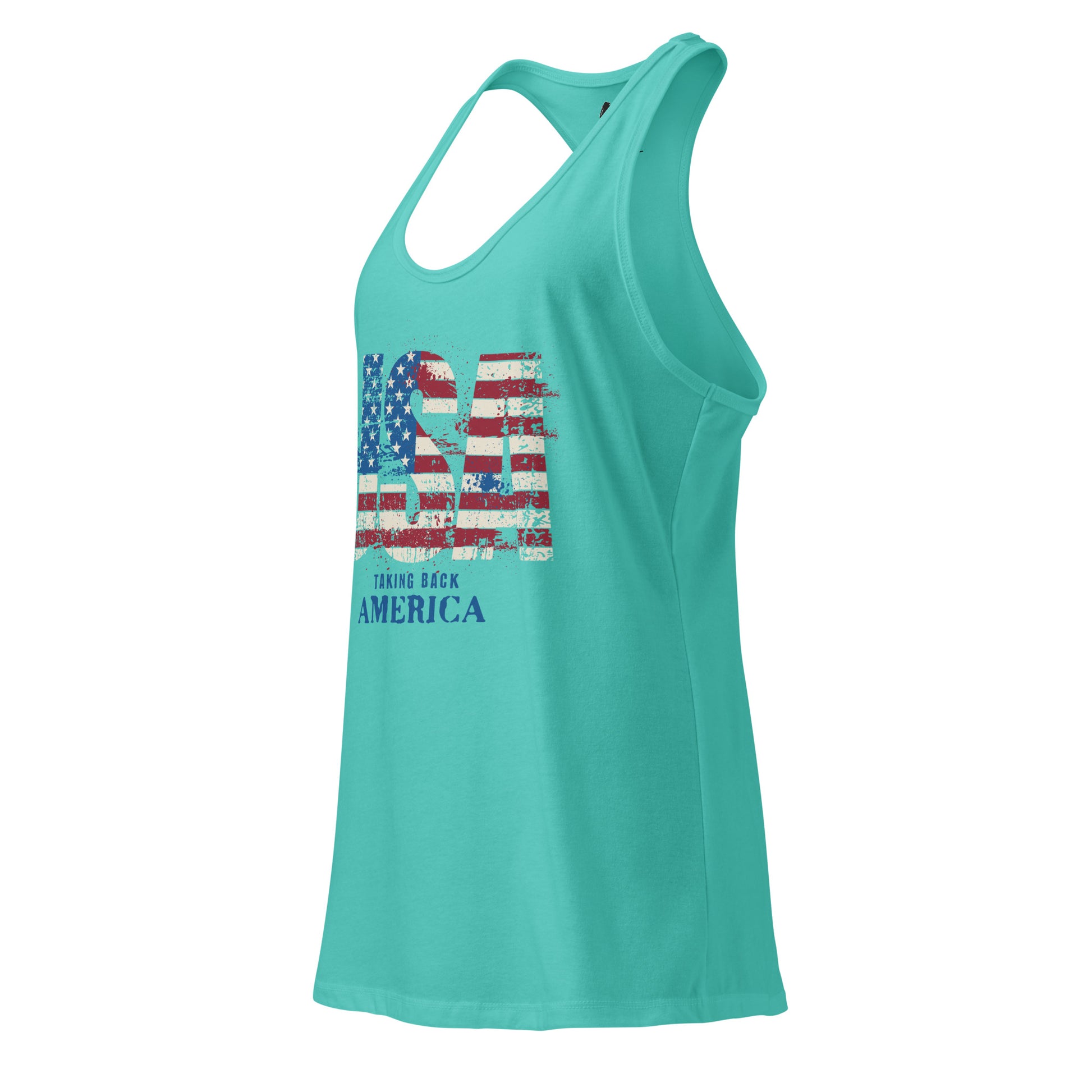 Turquoise tank top with American flag design on a white background
