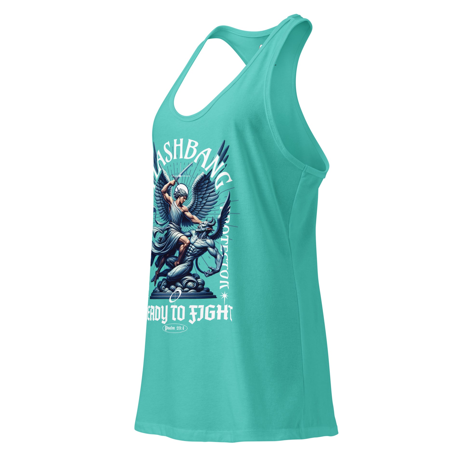Teal tank top with graphic design and text on a white background