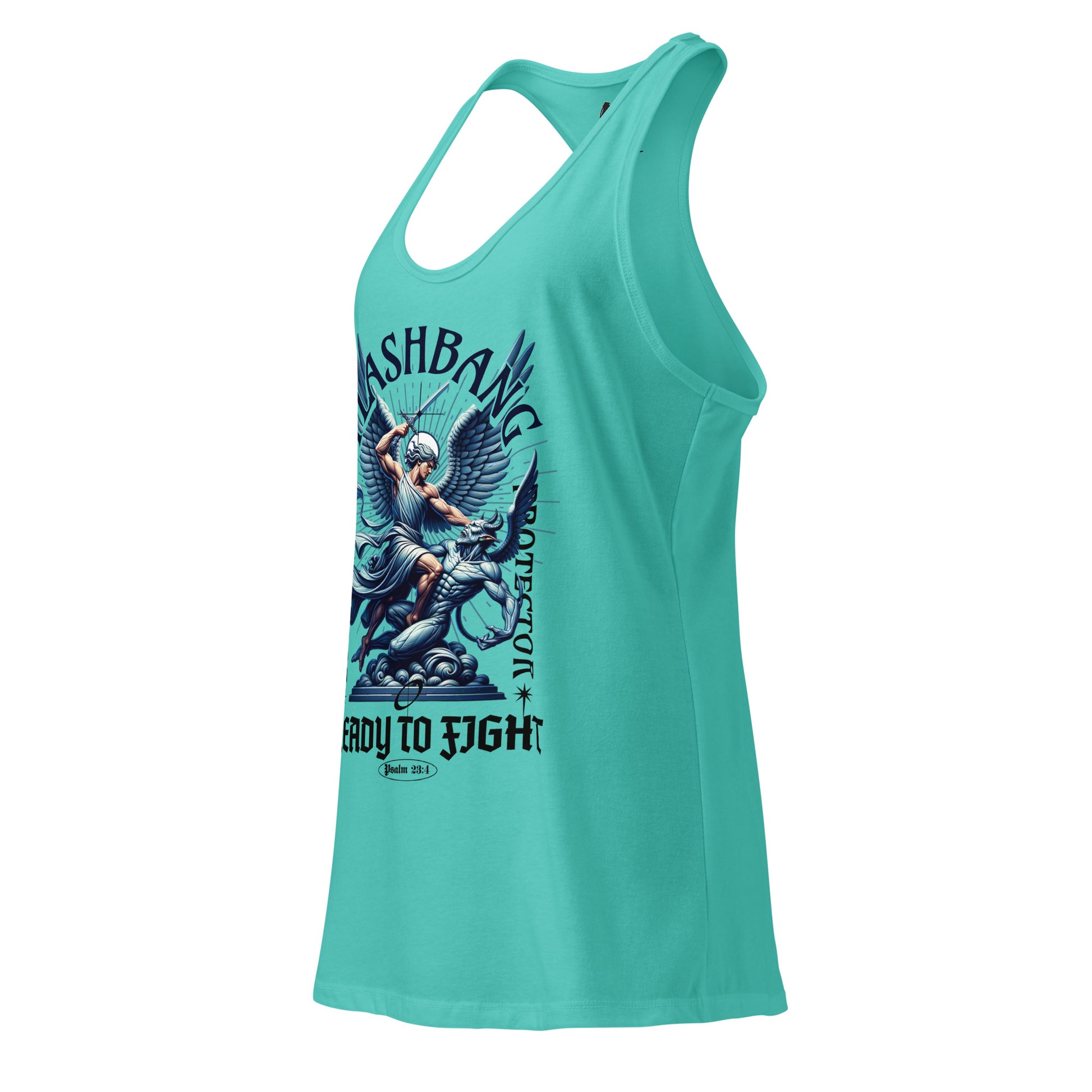 Turquoise tank top with graphic design on a white background