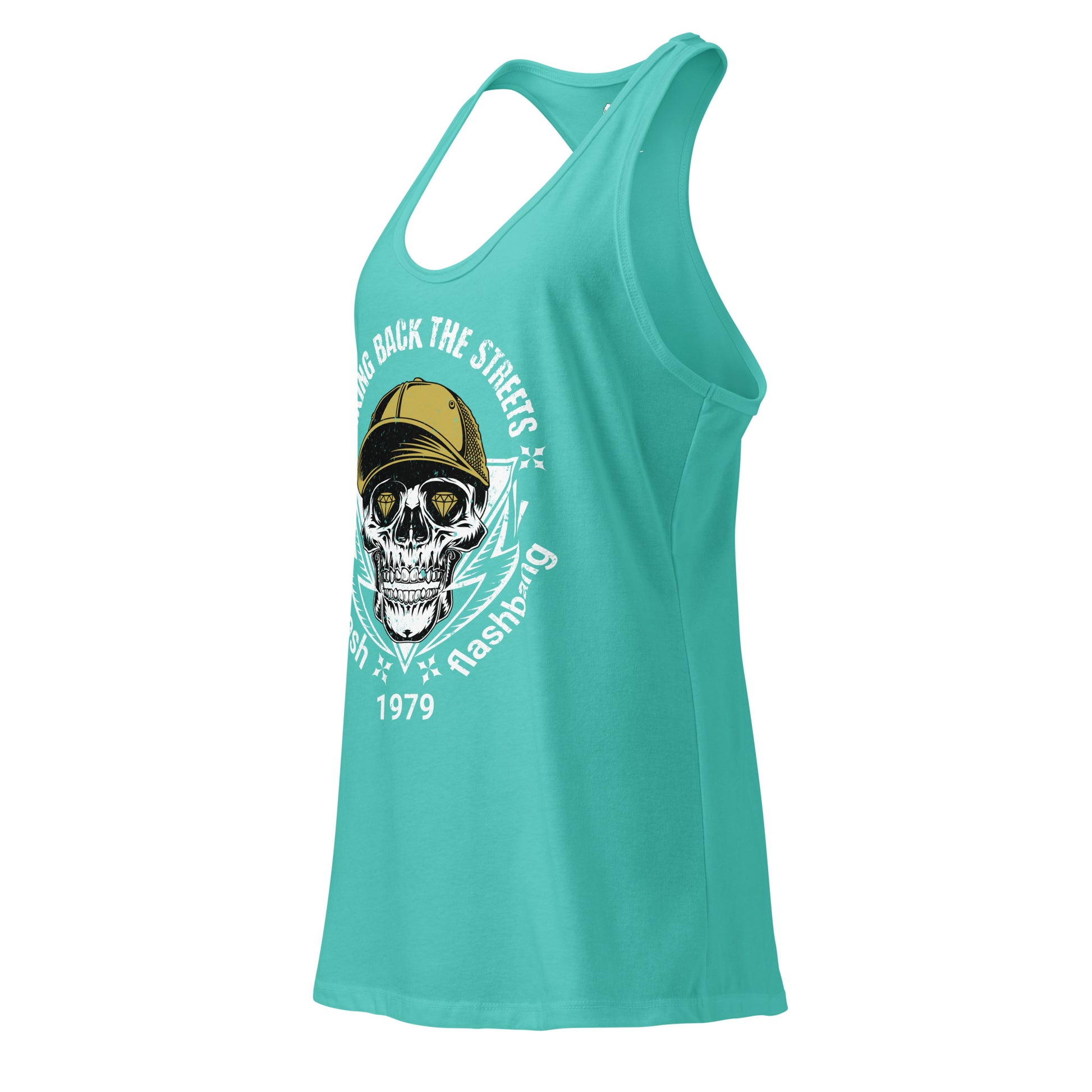 Turquoise tank top with a skull and hat graphic on a white background