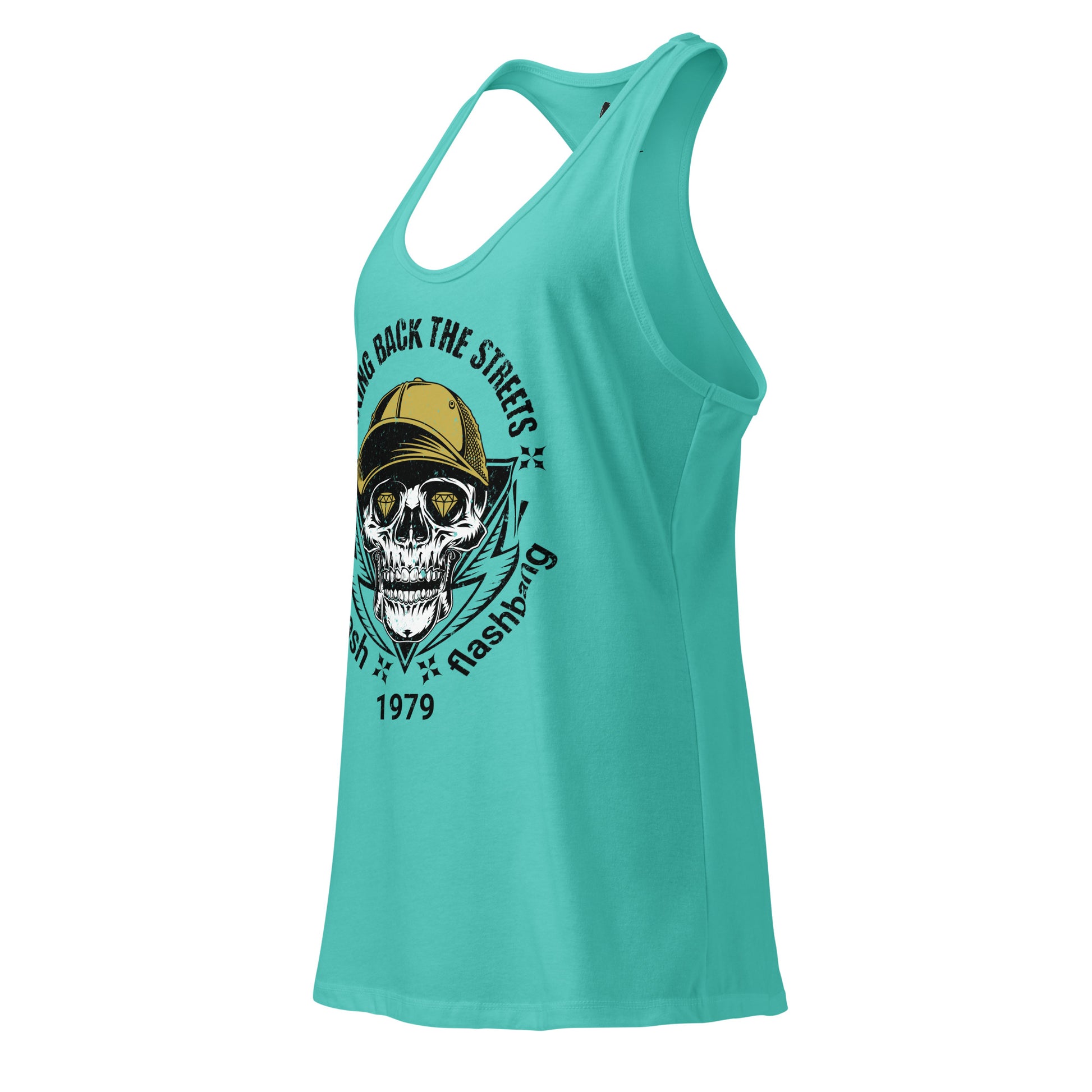 Turquoise tank top with a skull graphic and text on a white background