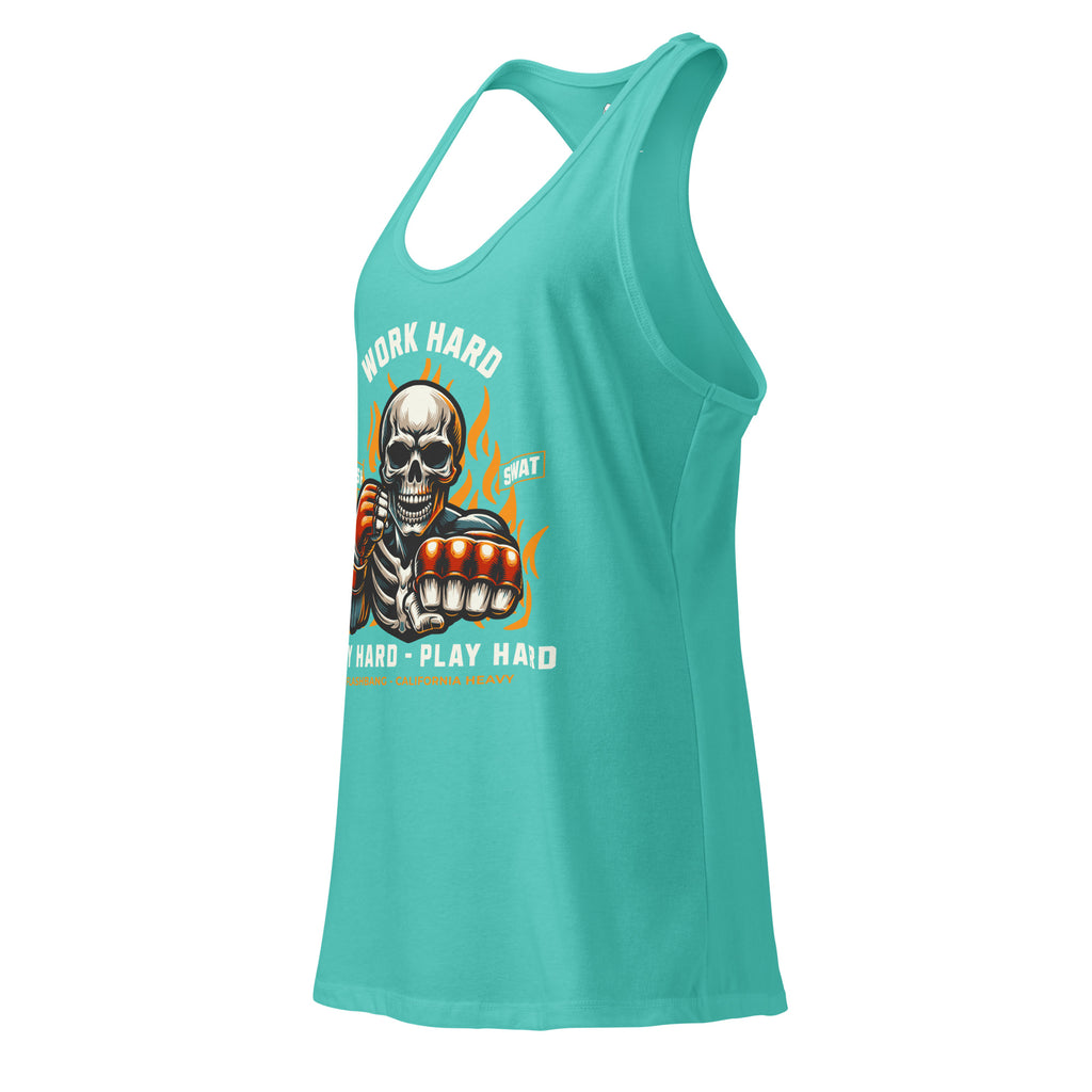 Turquoise tank top with a graphic design of a skeleton lifting weights and text on a white background