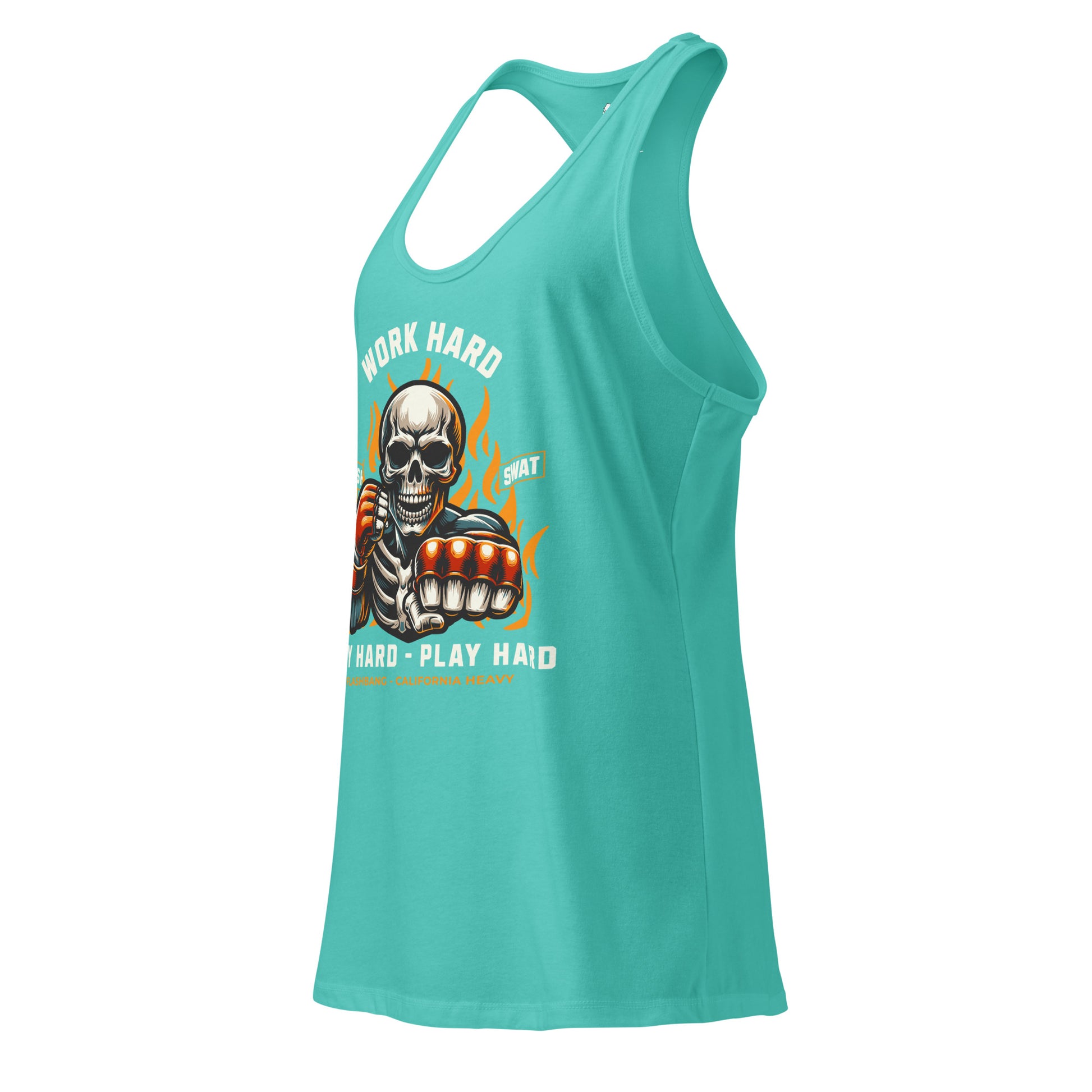 Turquoise tank top with a graphic design of a skeleton lifting weights and text on a white background