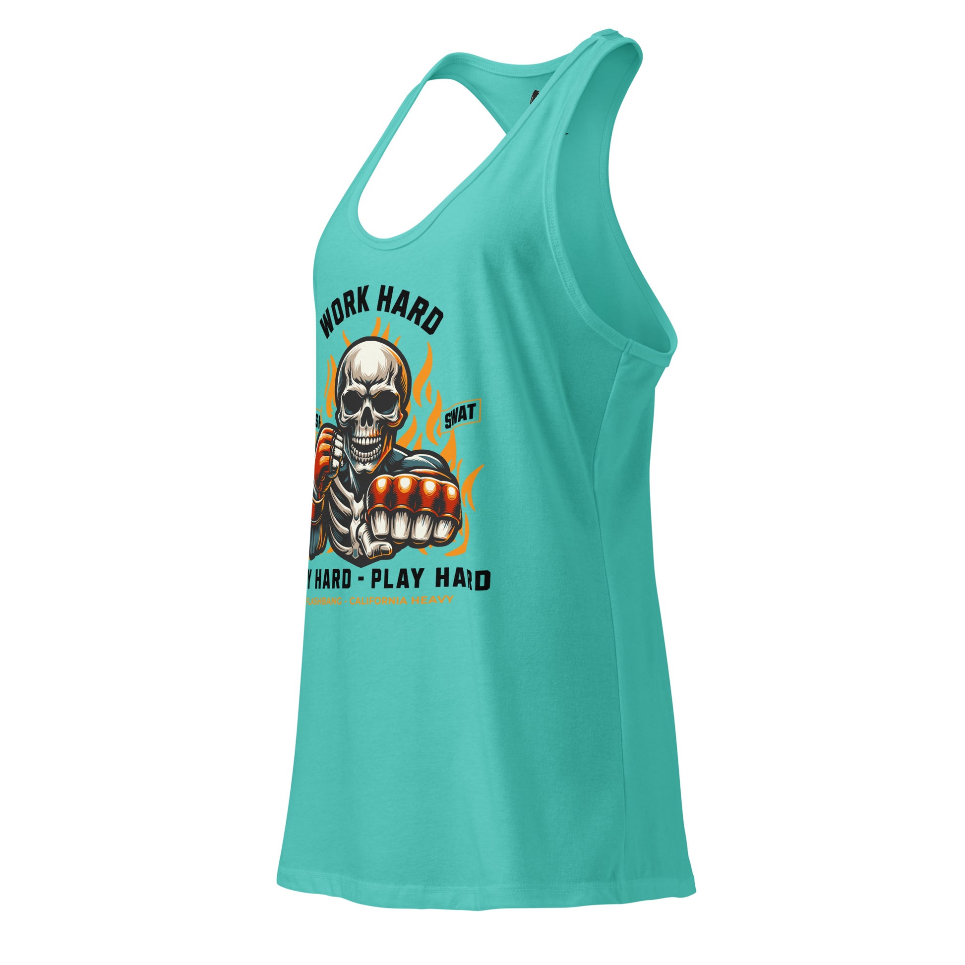 Turquoise tank top with a graphic design featuring a skeleton and text on a white background