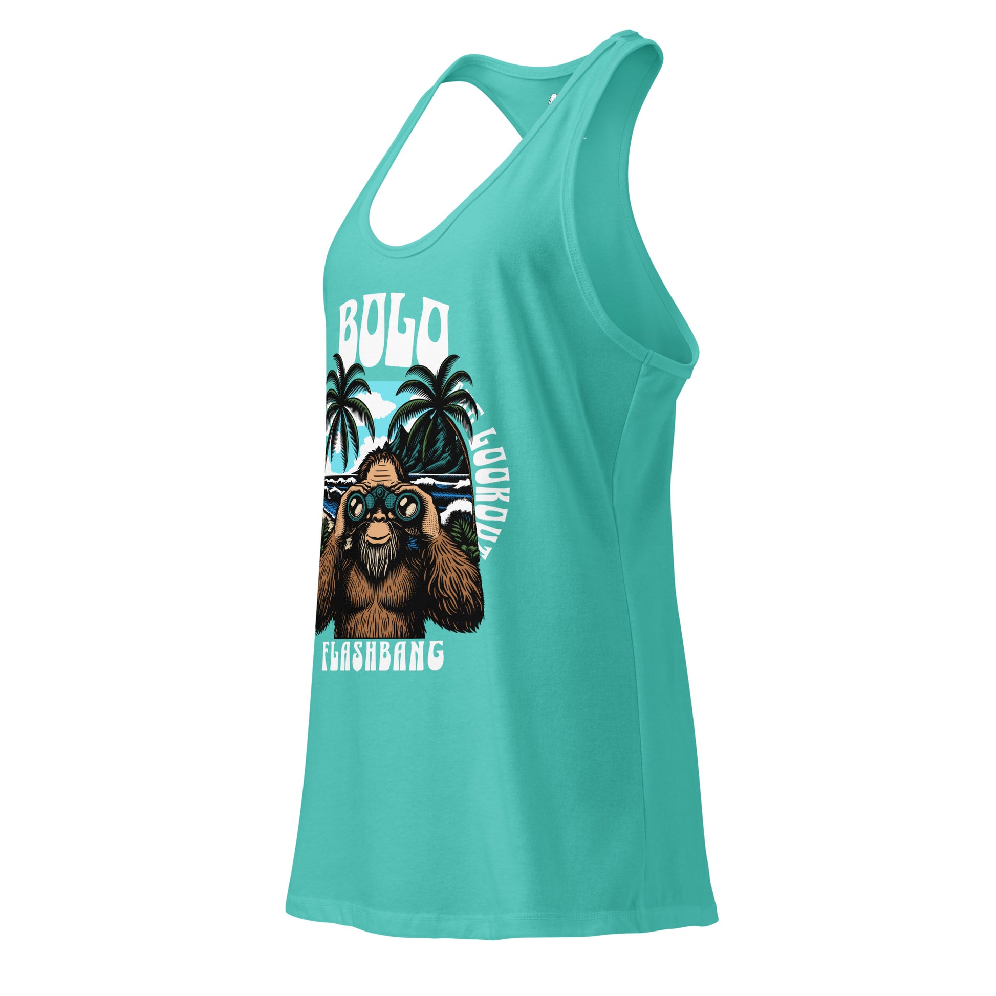 Turquoise tank top with a graphic design of a monkey and text on a white background