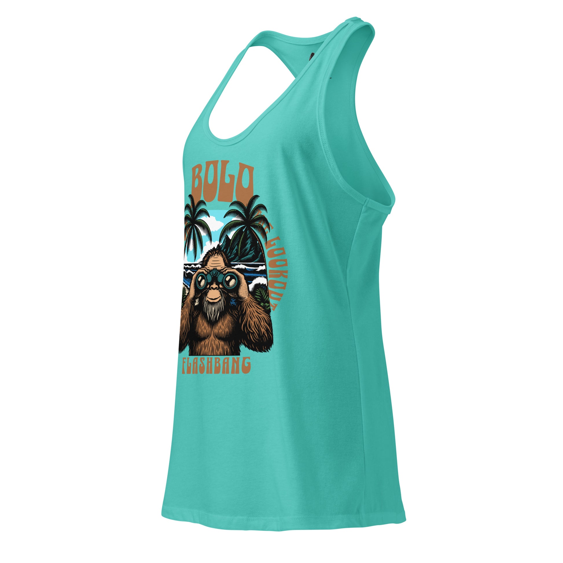 Turquoise tank top with a graphic of a bear and text on a white background