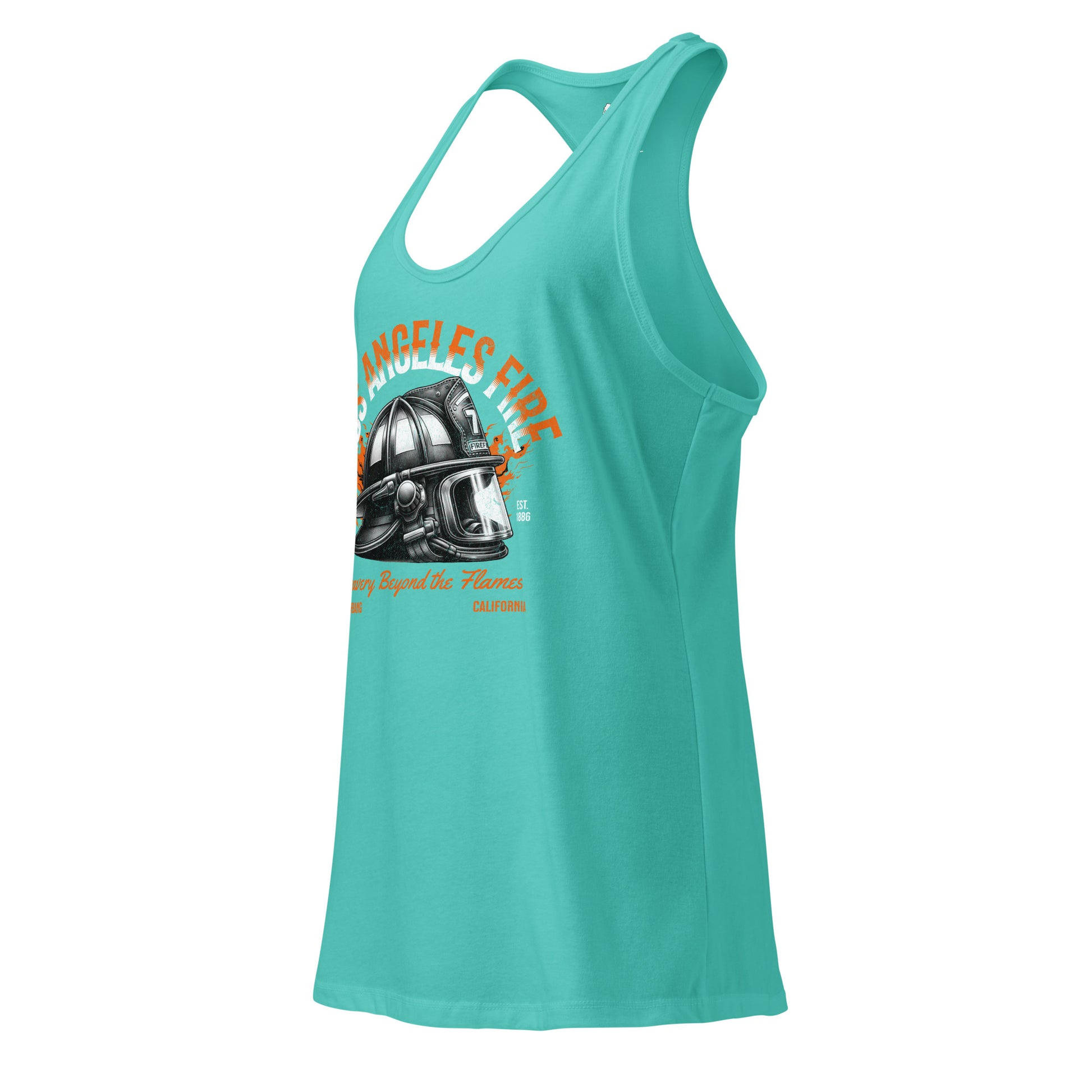 Teal tank top with graphic design on a white background