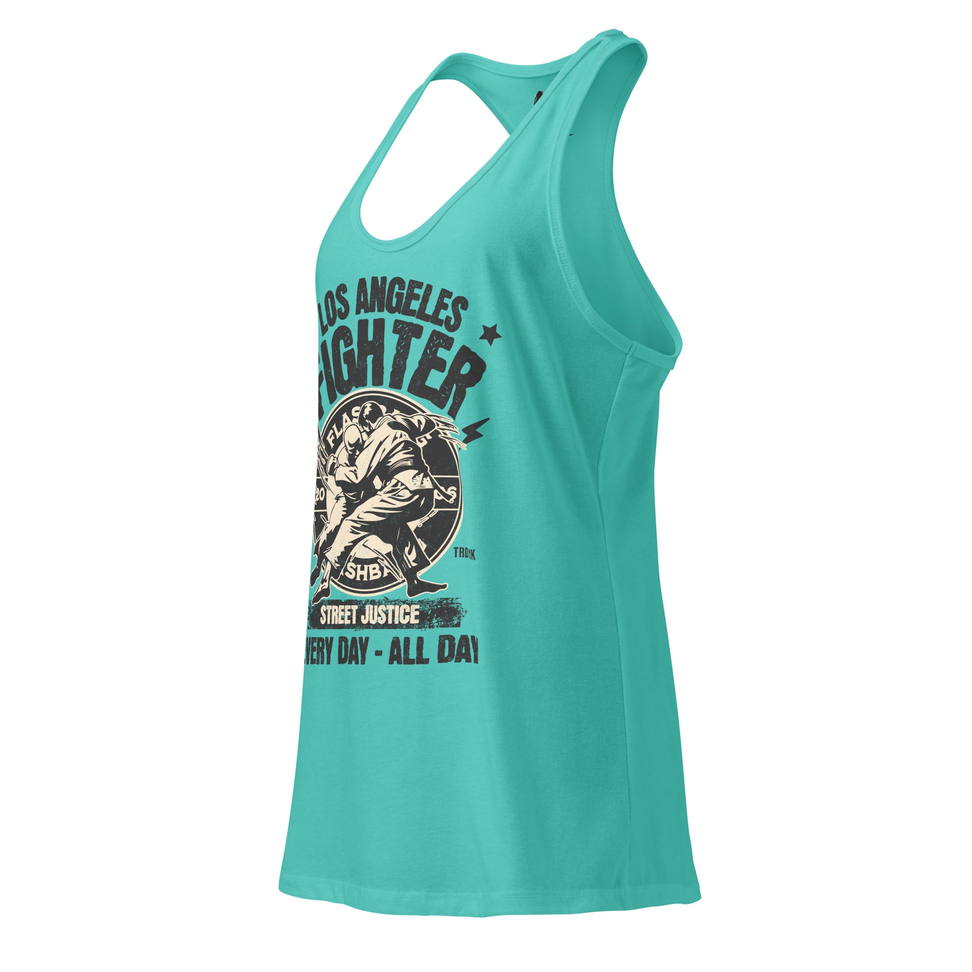 Teal tank top with graphic design on a white background