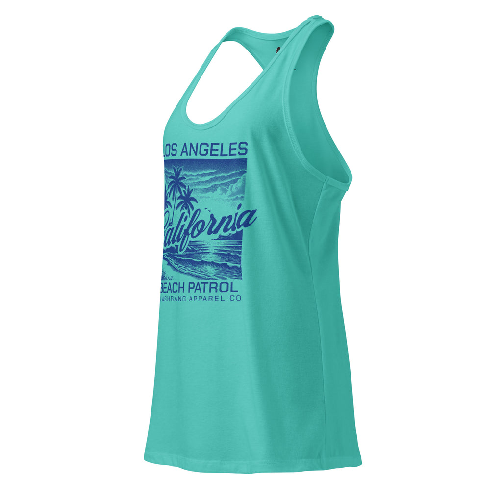 Teal tank top with 'Los Angeles California Beach Patrol' graphic on a white background
