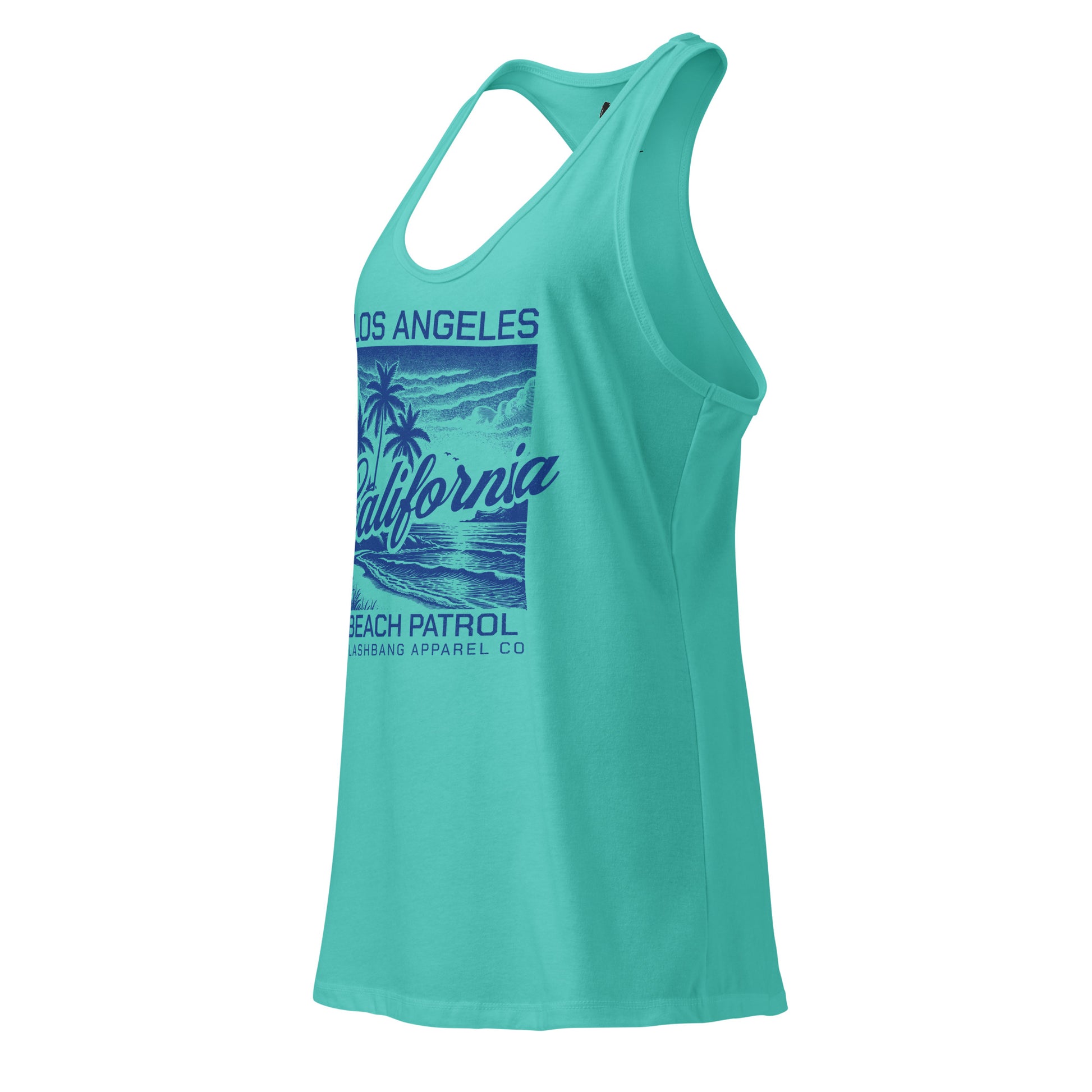 Teal tank top with 'Los Angeles California Beach Patrol' graphic on a white background