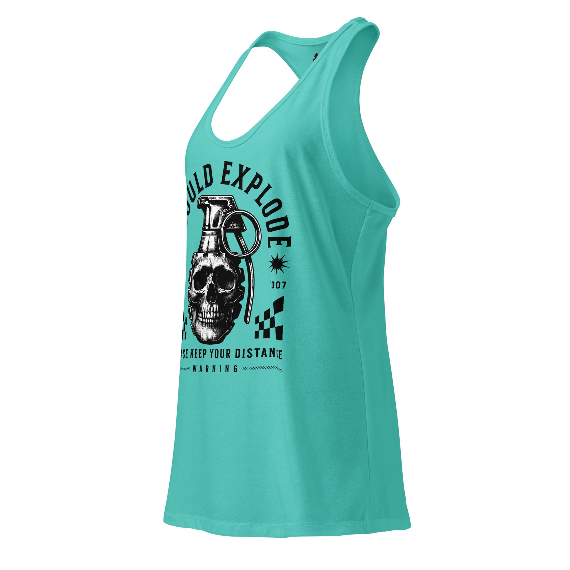 Turquoise tank top with a graphic design on a white background