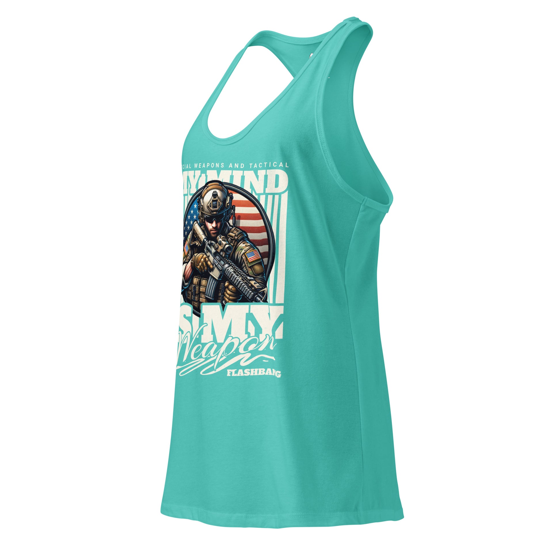 Teal tank top with graphic design on a white background